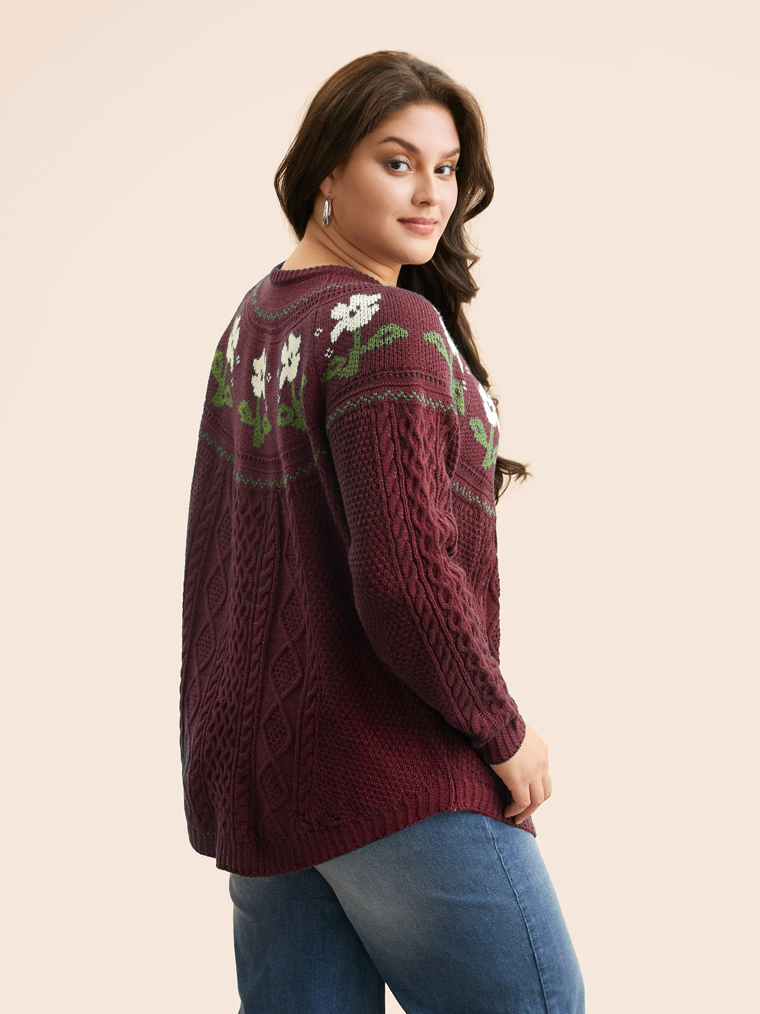 Floral Jacquard Raglan Sleeve Pullover - Image 10