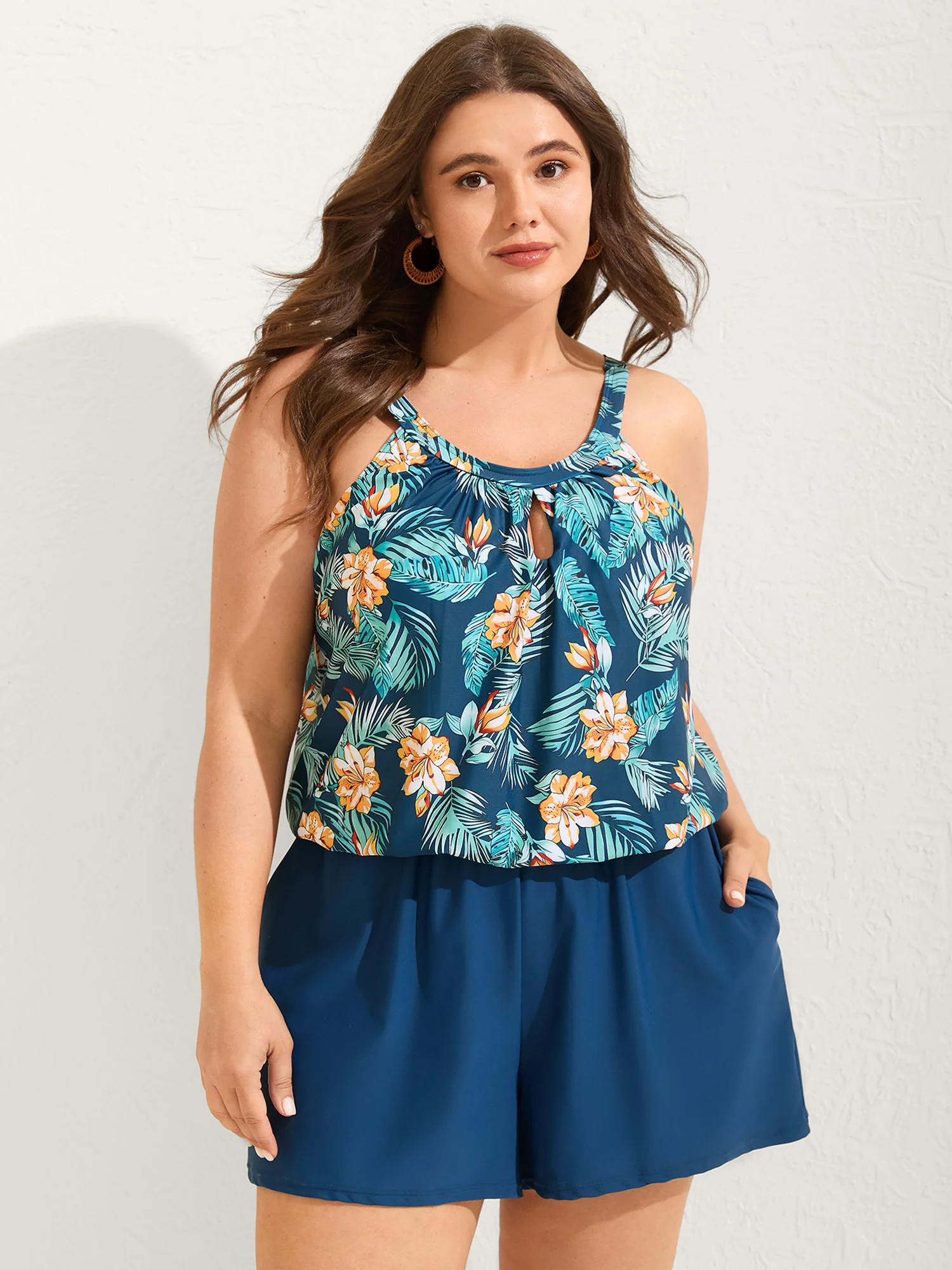 Floral Print Keyhole Pockets Swim Romper - Image 10