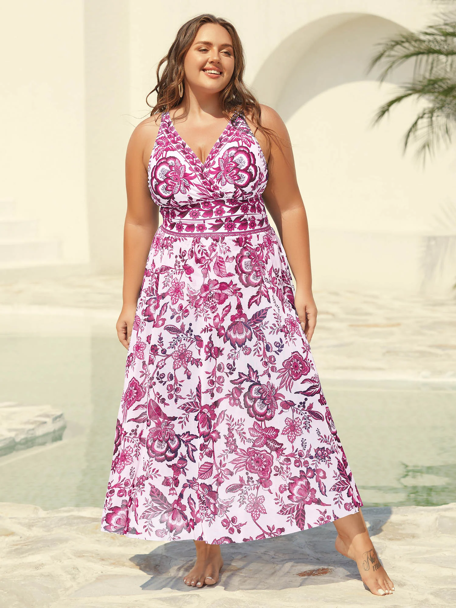 Two-Piece Floral Print Ruched Mesh Swimsuit, Sarong - Image 51