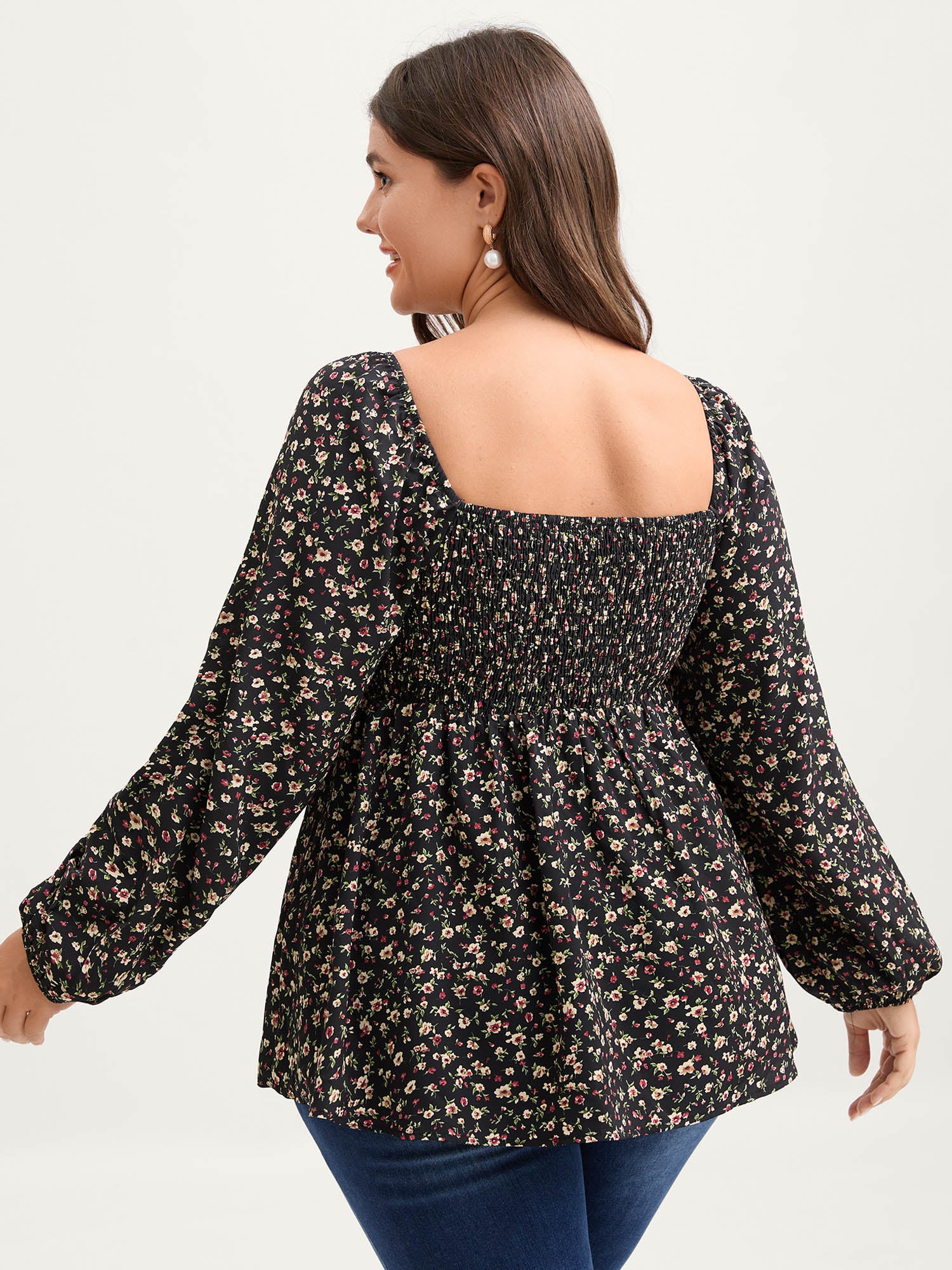 Floral Print Shirred Bodice Puff Sleeve Blouse - Image 4