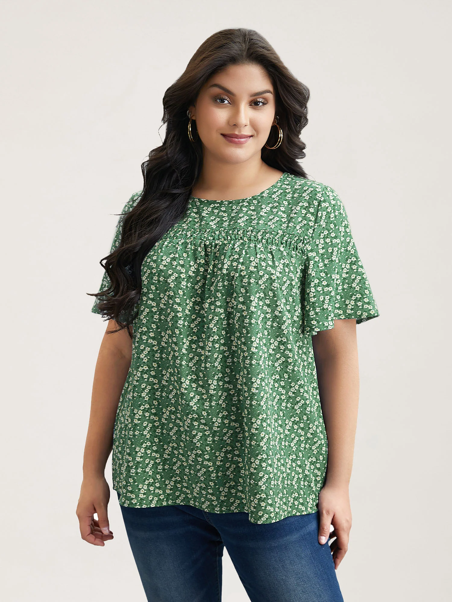 Floral Ruffle Sleeve Gathered Round Neck Blouse - Image 11