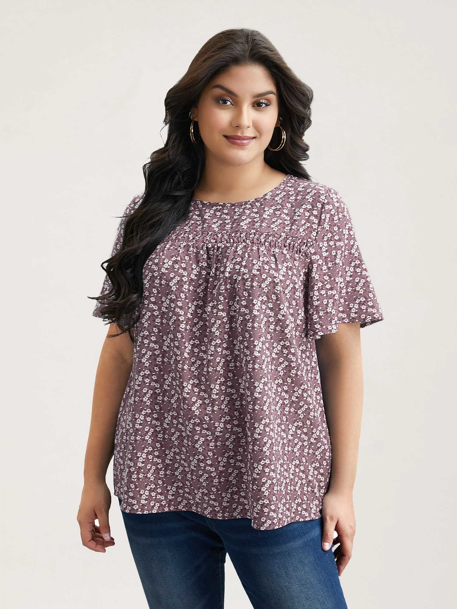 Floral Ruffle Sleeve Gathered Round Neck Blouse - Image 15