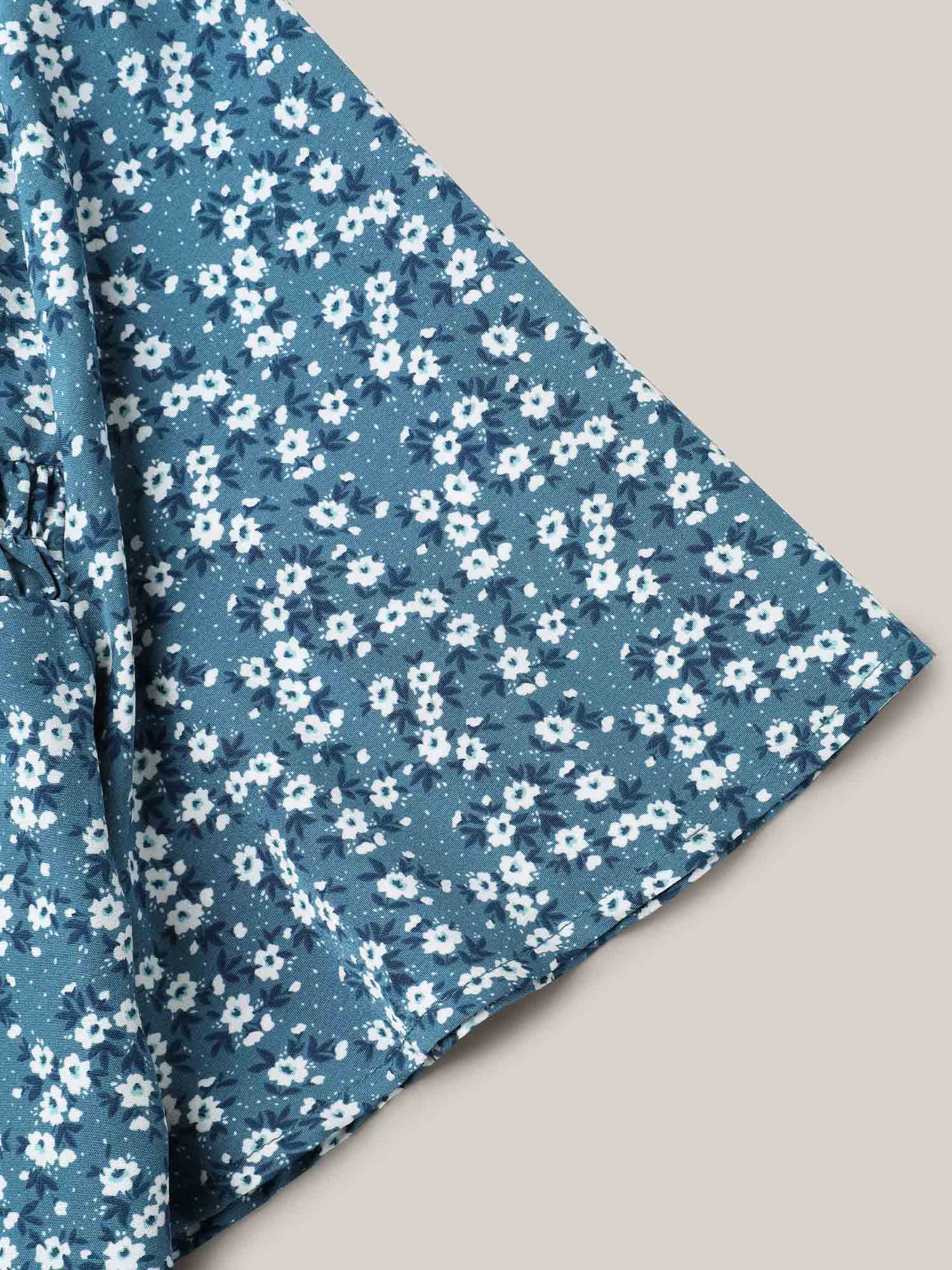 Floral Ruffle Sleeve Gathered Round Neck Blouse - Image 6