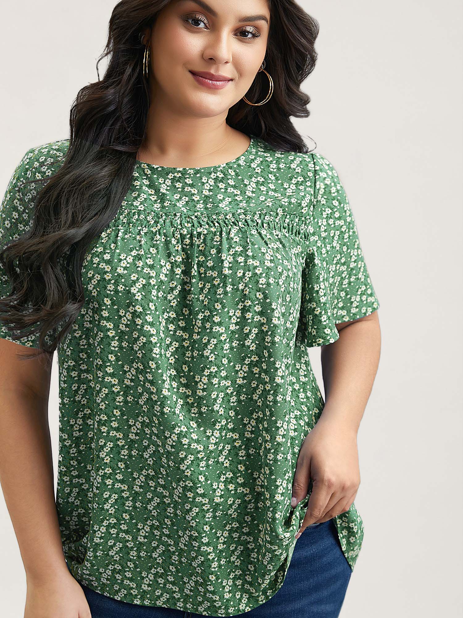 Floral Ruffle Sleeve Gathered Round Neck Blouse - Image 9