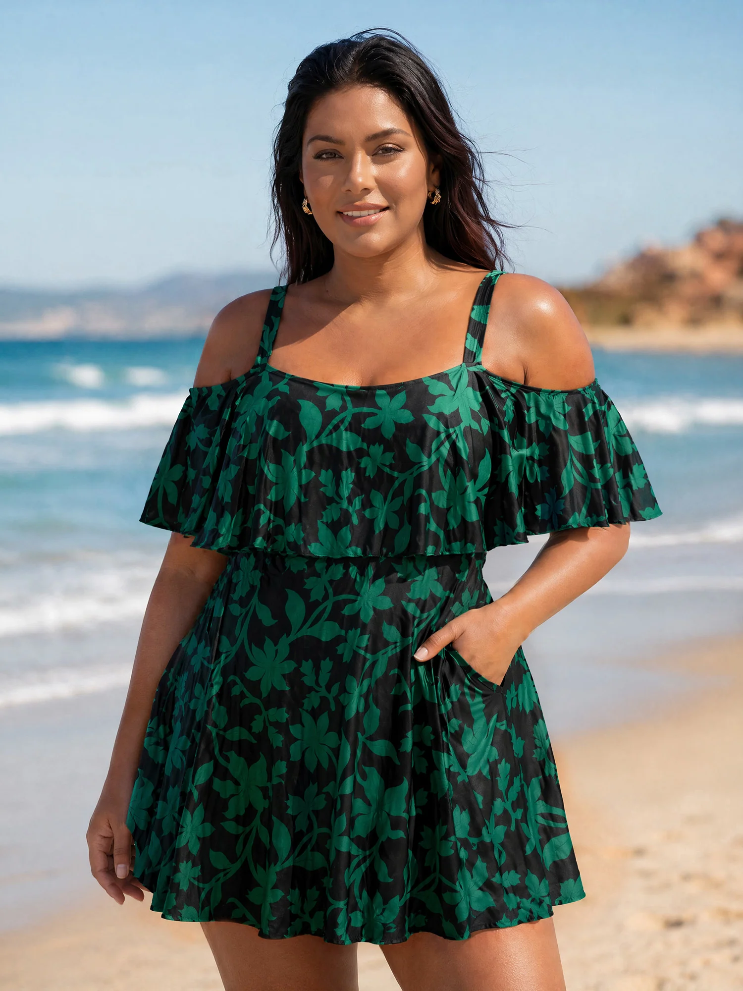 Floral Ruffle Trim Off Shoulder Pockets Swim Dress - Image 11