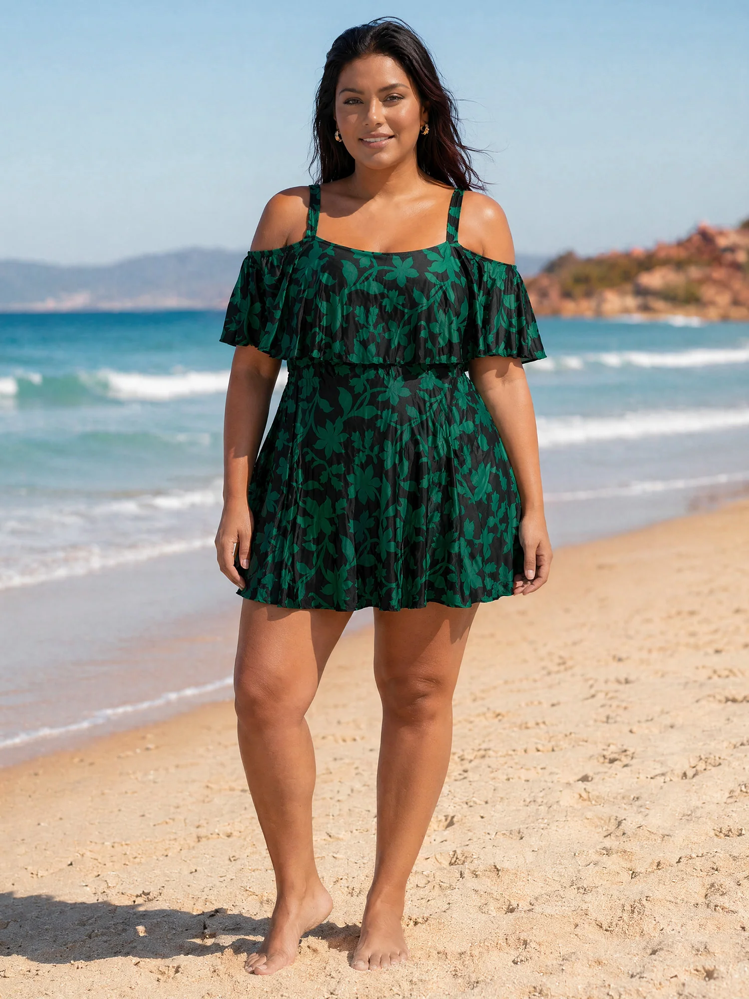 Floral Ruffle Trim Off Shoulder Pockets Swim Dress - Image 13