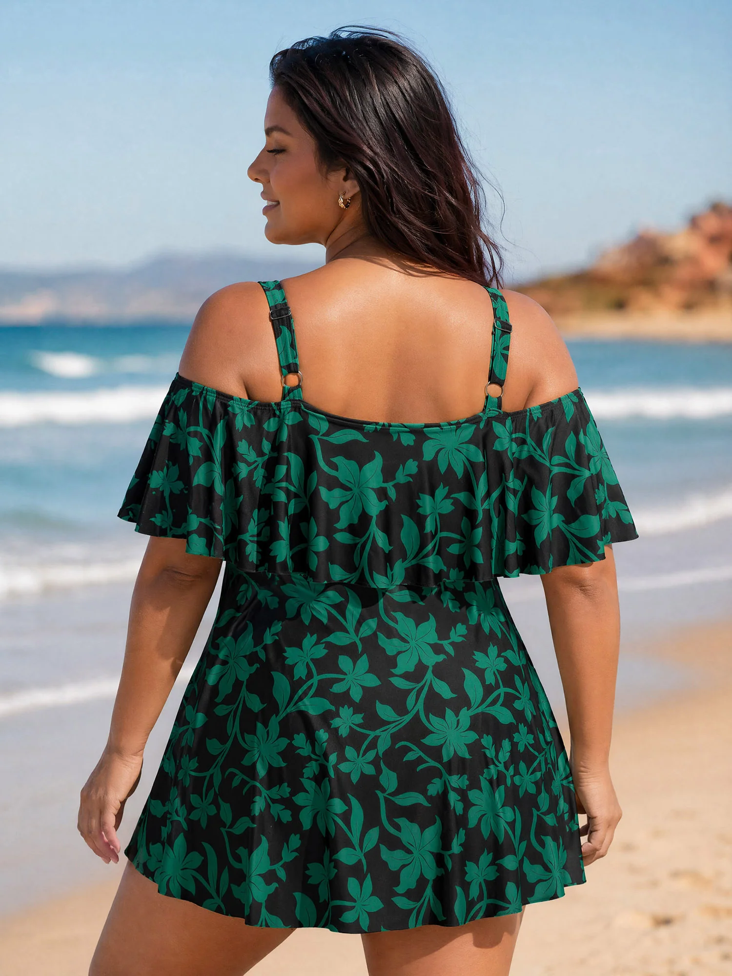 Floral Ruffle Trim Off Shoulder Pockets Swim Dress - Image 14