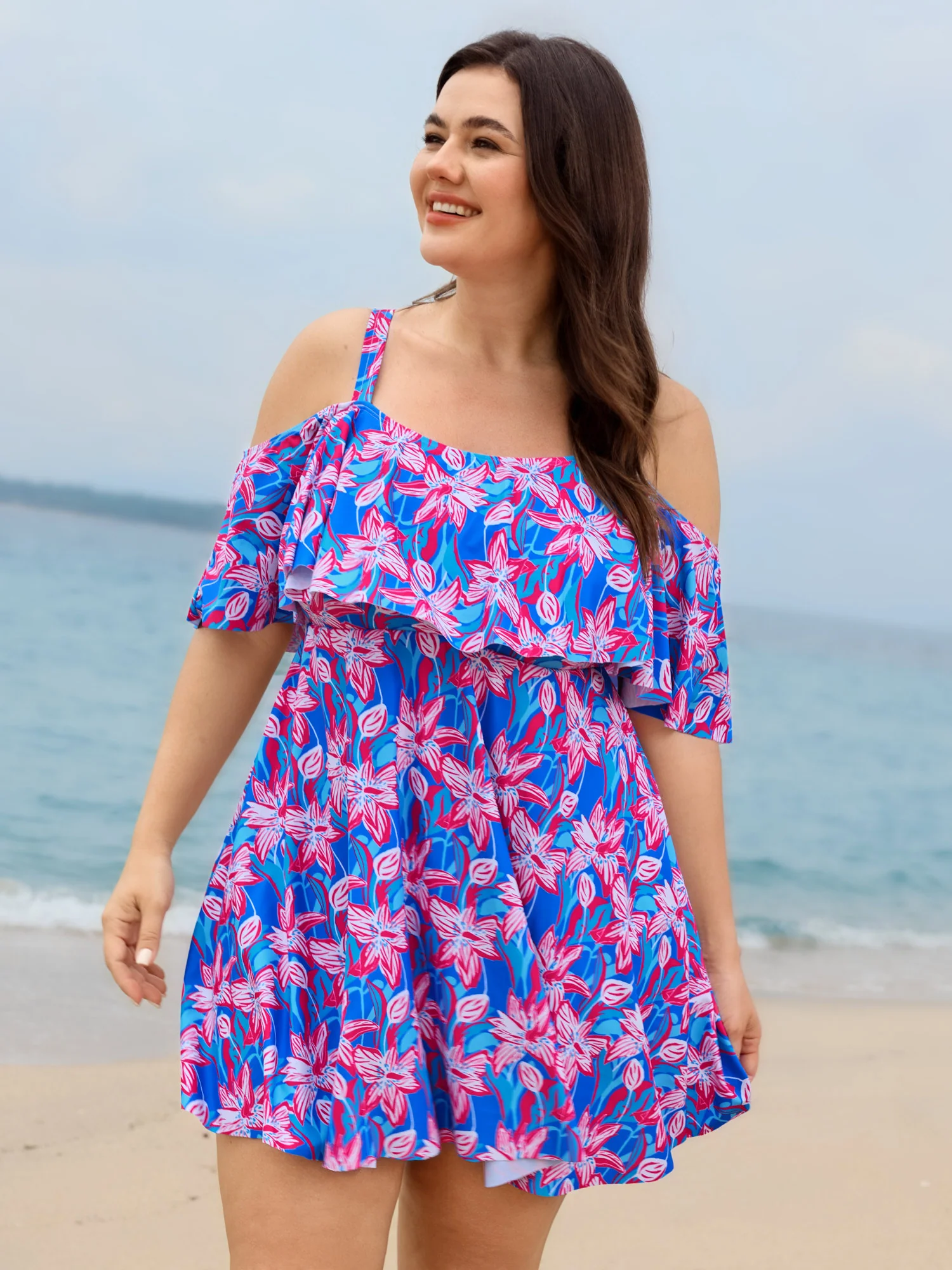 Floral Ruffle Trim Off Shoulder Pockets Swim Dress - Image 15
