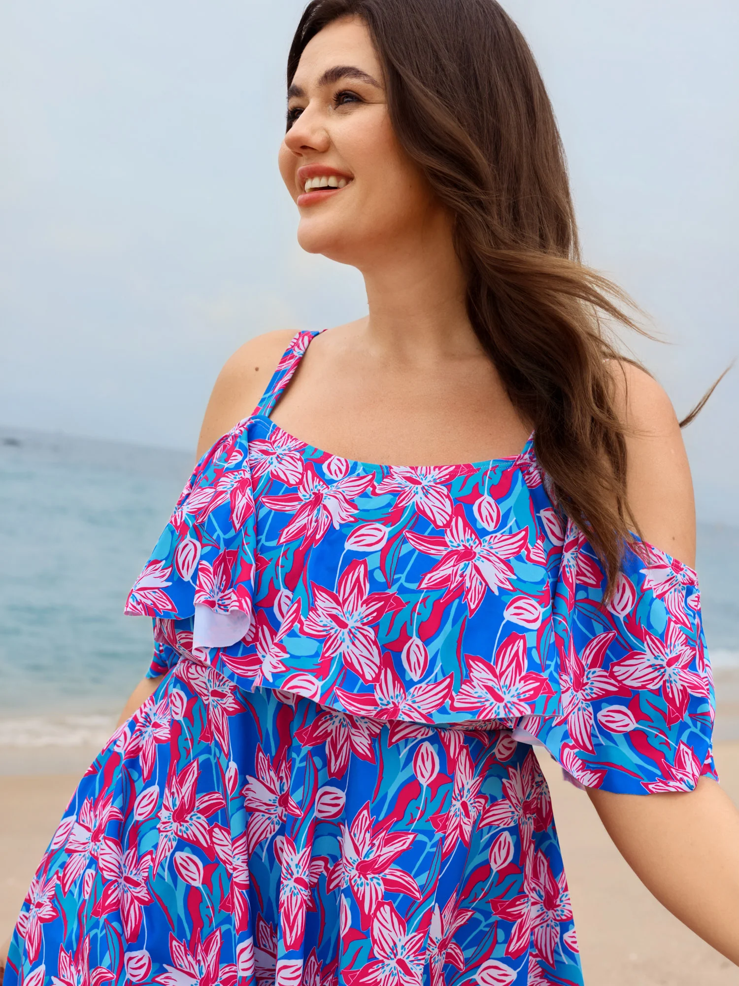 Floral Ruffle Trim Off Shoulder Pockets Swim Dress - Image 16