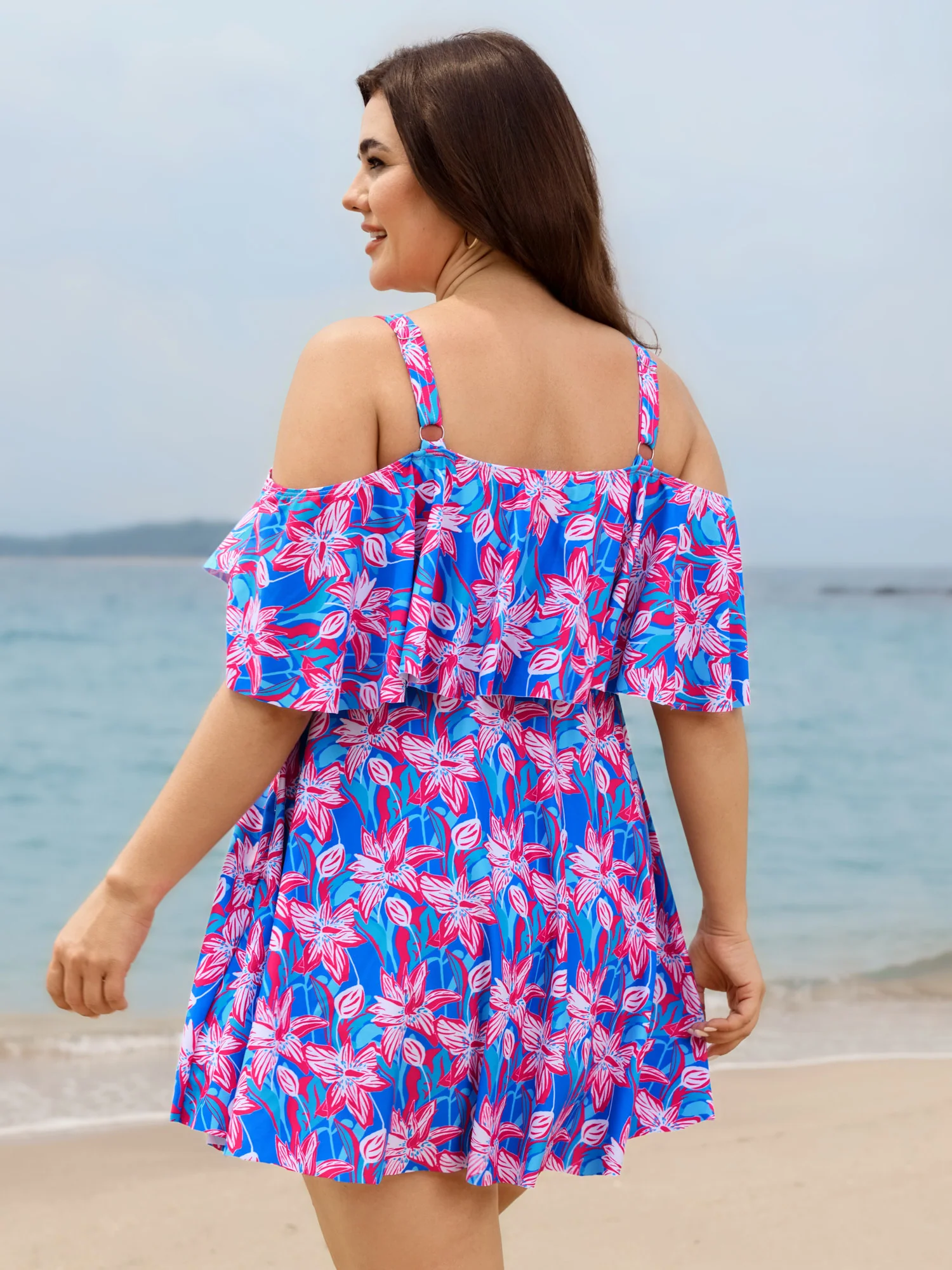 Floral Ruffle Trim Off Shoulder Pockets Swim Dress - Image 20