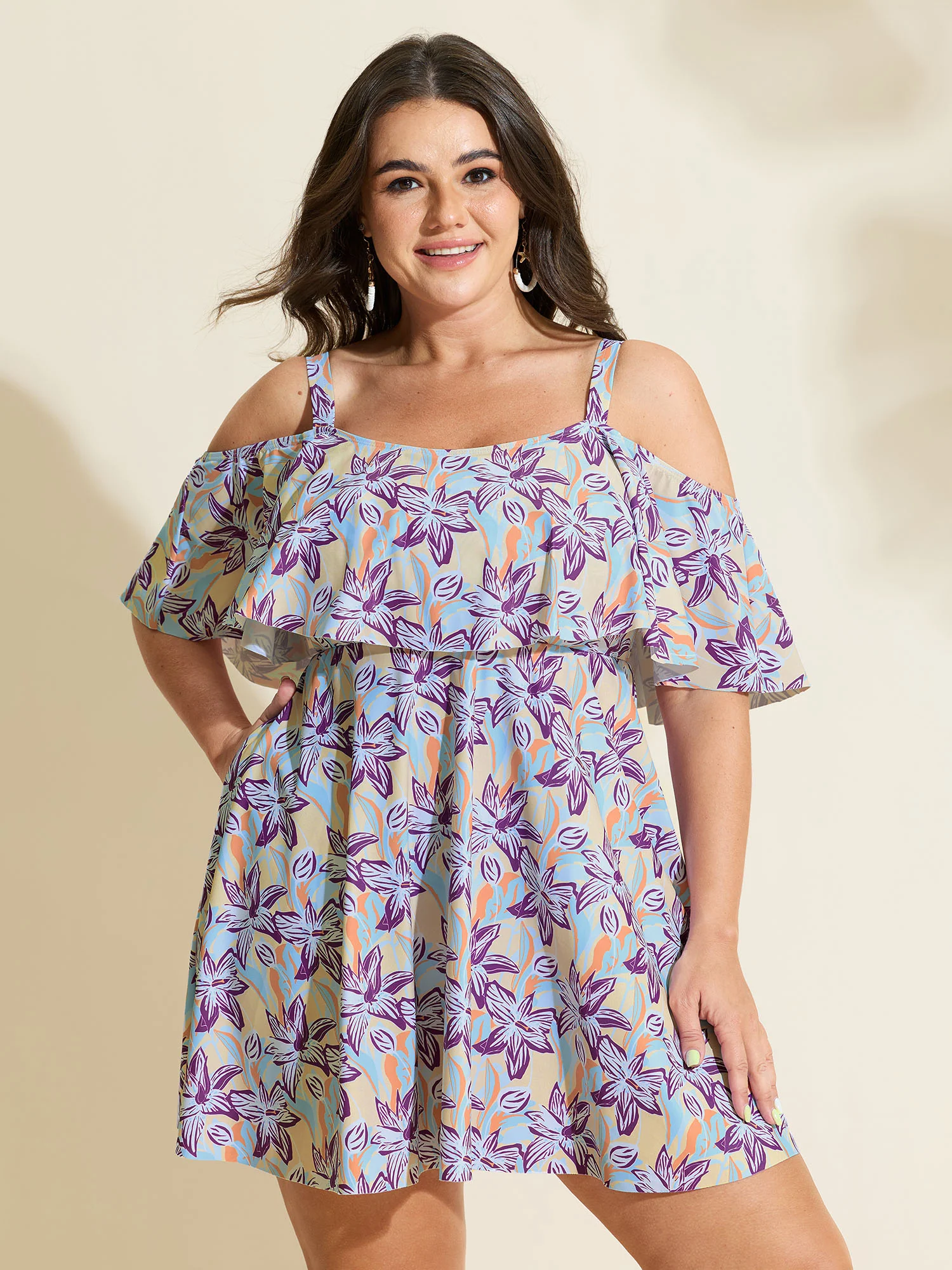 Floral Ruffle Trim Off Shoulder Pockets Swim Dress - Image 21
