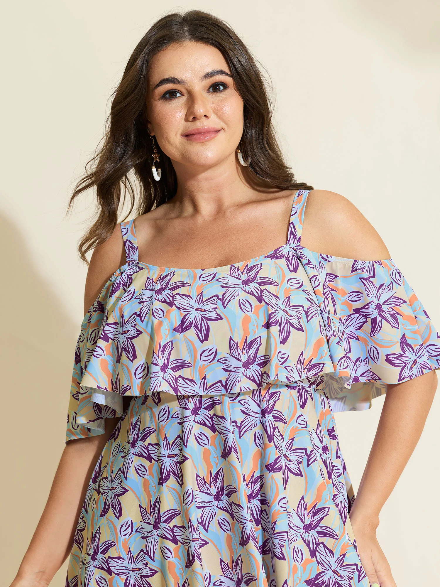 Floral Ruffle Trim Off Shoulder Pockets Swim Dress - Image 22
