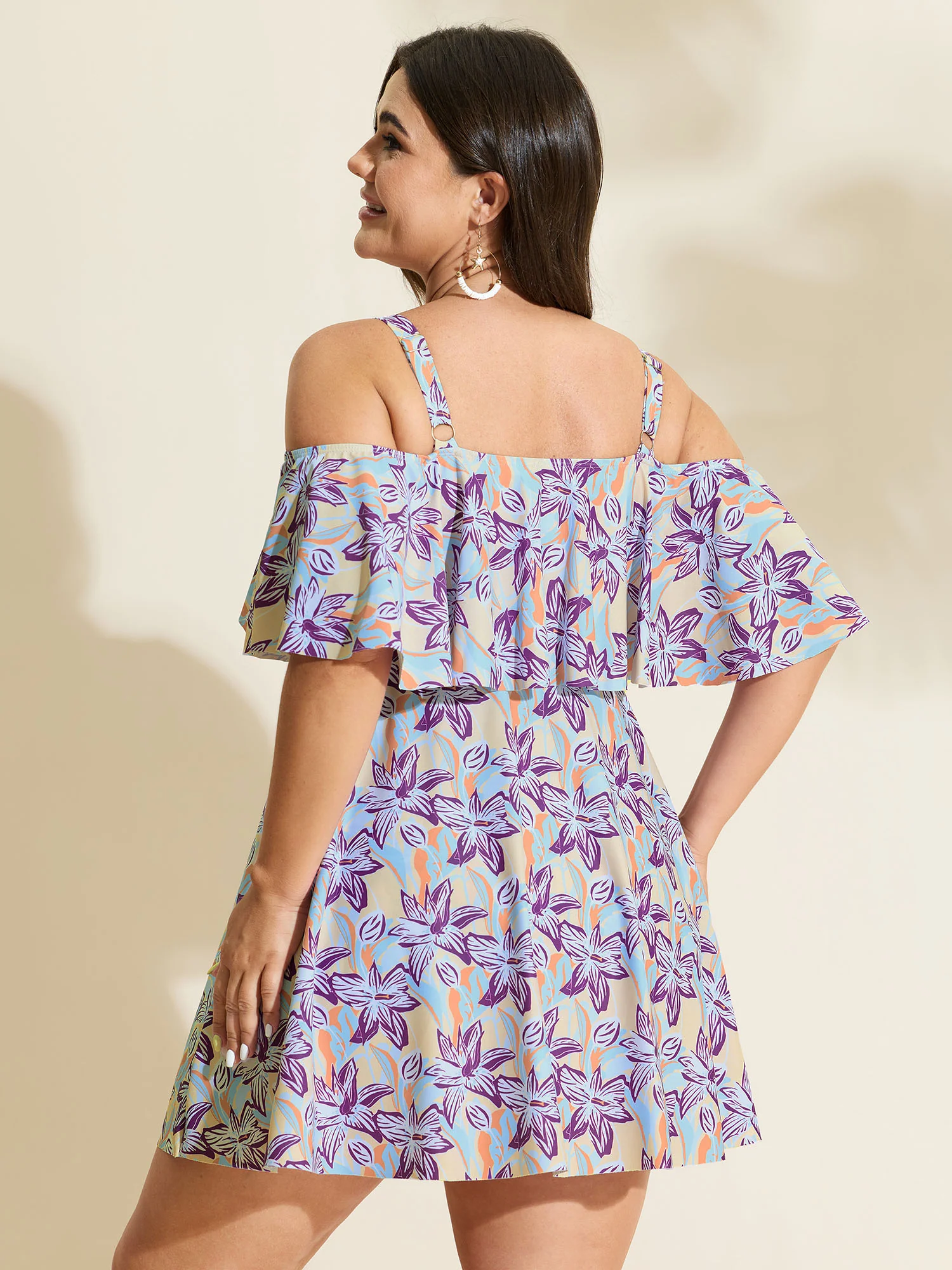 Floral Ruffle Trim Off Shoulder Pockets Swim Dress - Image 25
