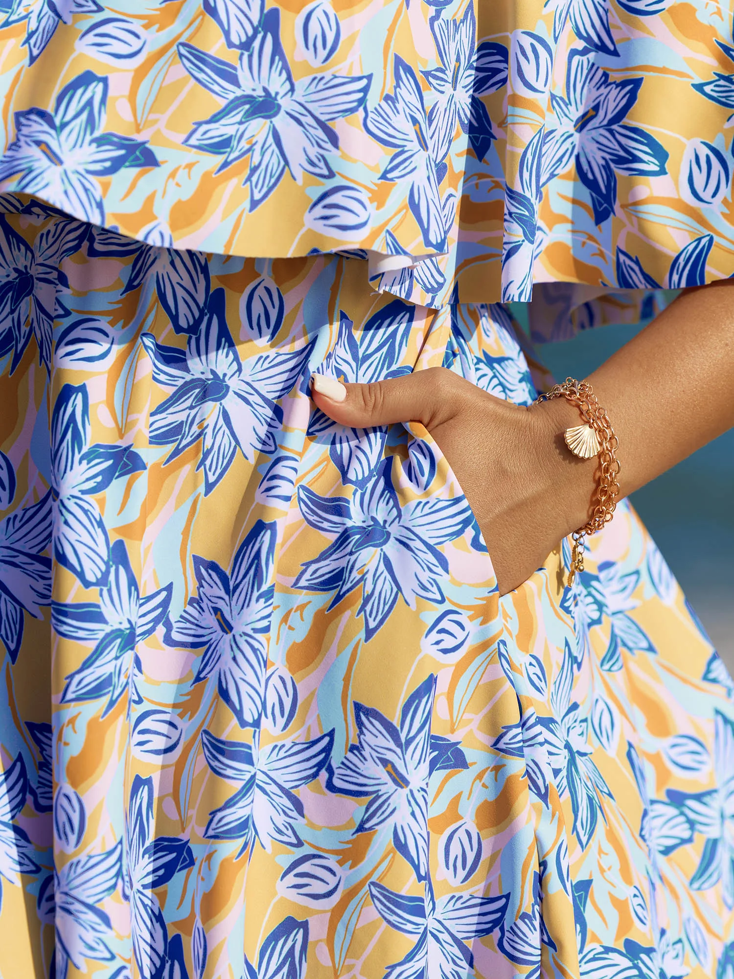 Floral Ruffle Trim Off Shoulder Pockets Swim Dress - Image 4