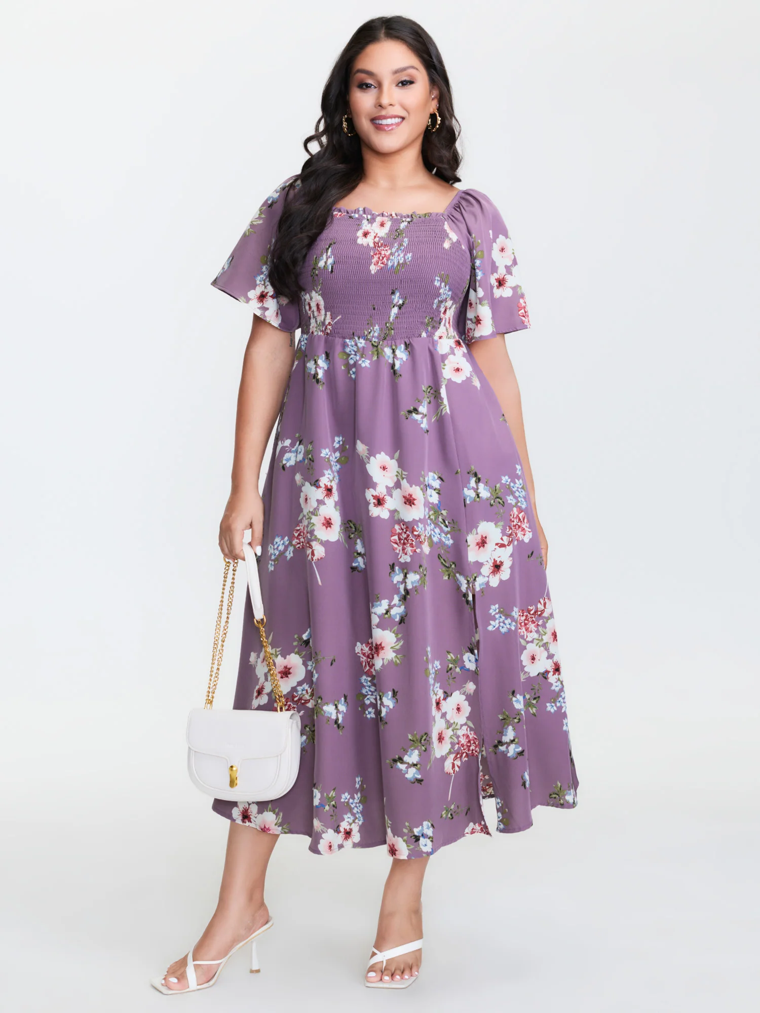 Floral Square Neck Ruffles Pocket Shirred Split Dress - Image 10