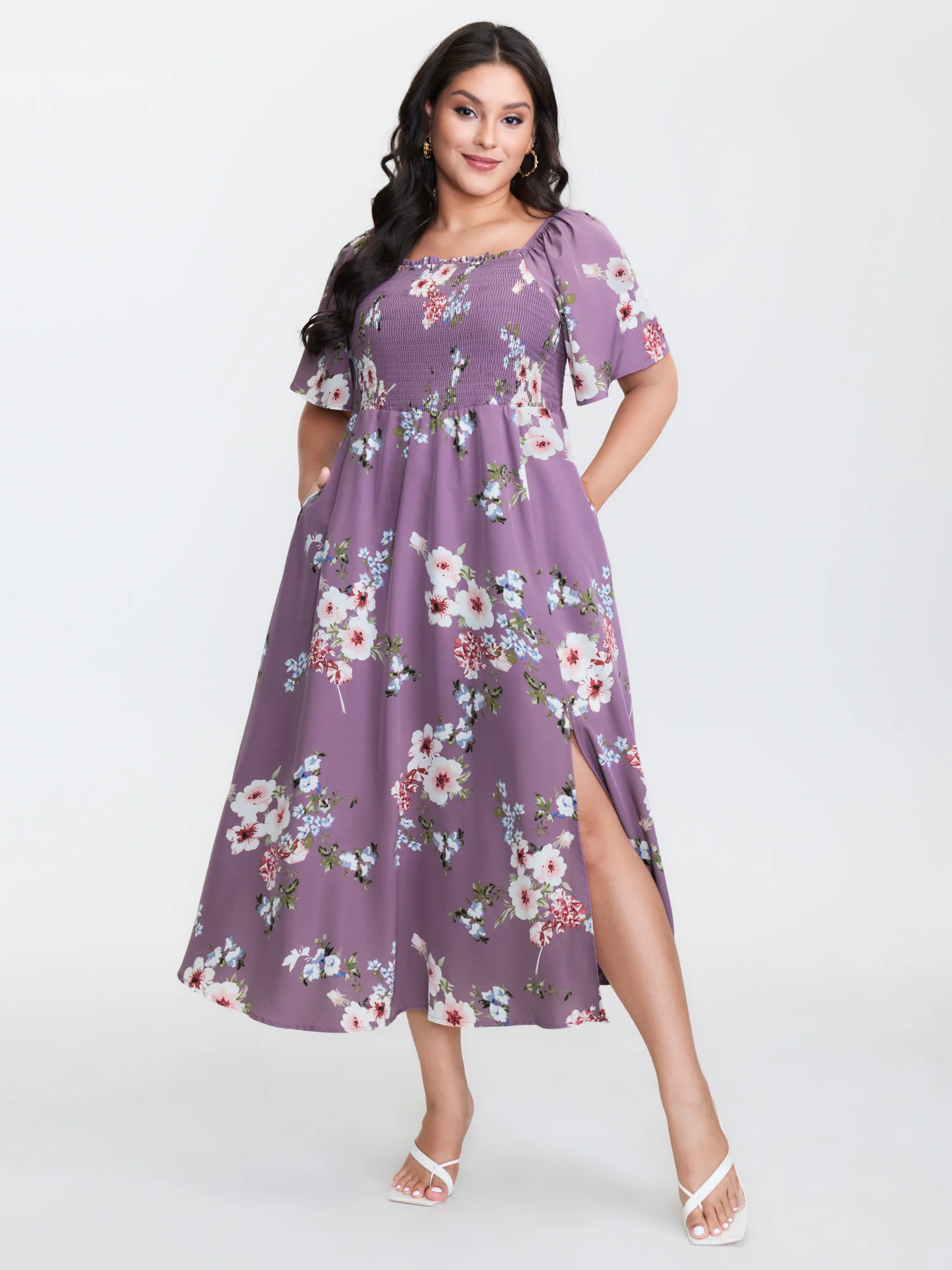 Floral Square Neck Ruffles Pocket Shirred Split Dress - Image 8