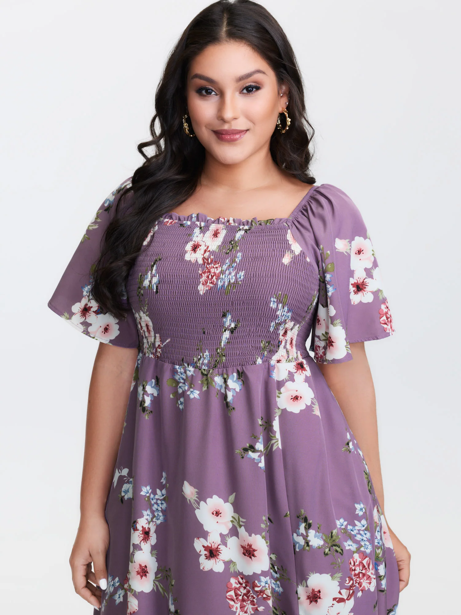 Floral Square Neck Ruffles Pocket Shirred Split Dress - Image 9
