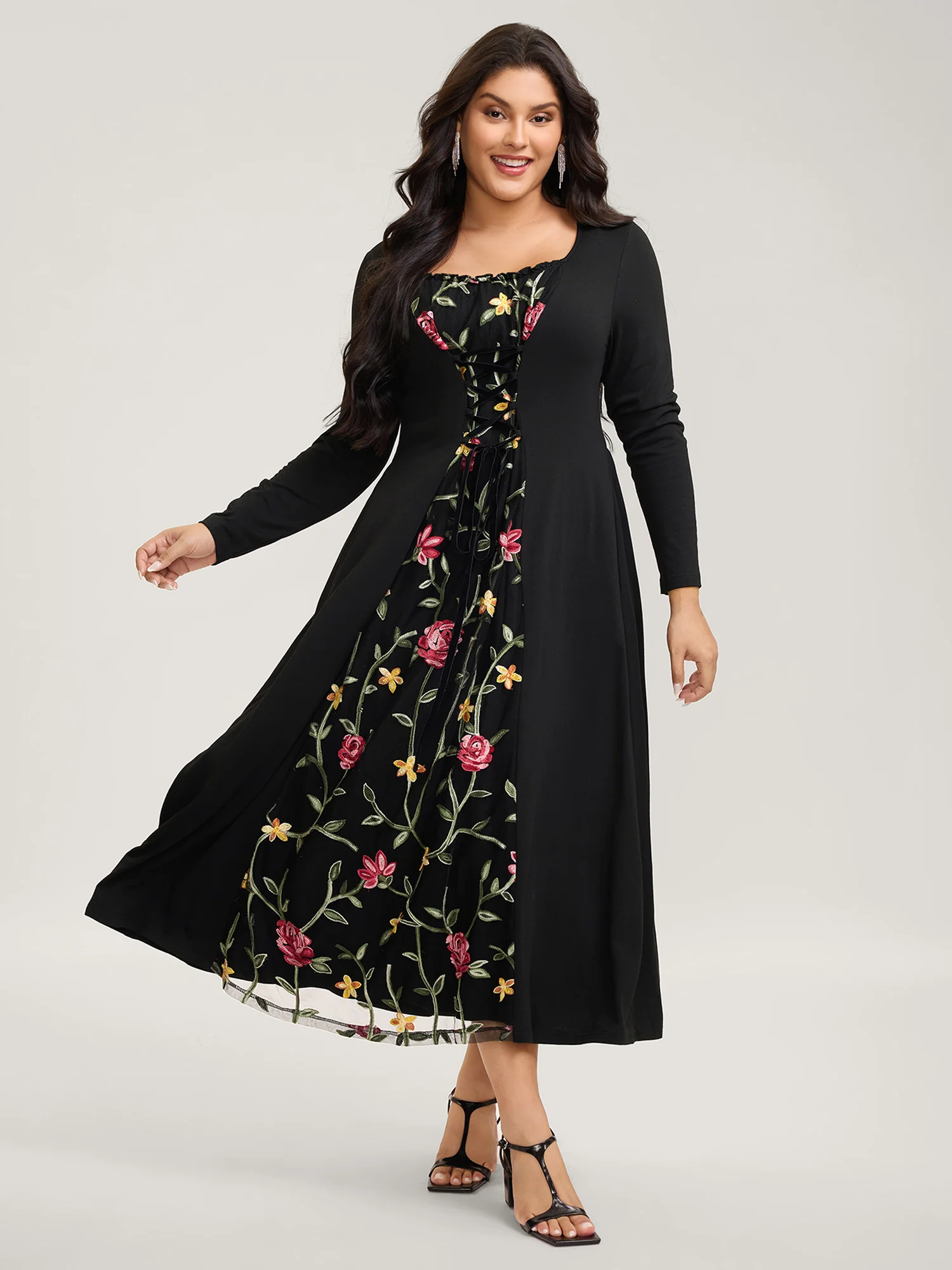 Floral Waist-Tie Contrast Maxi Dress - Image 3