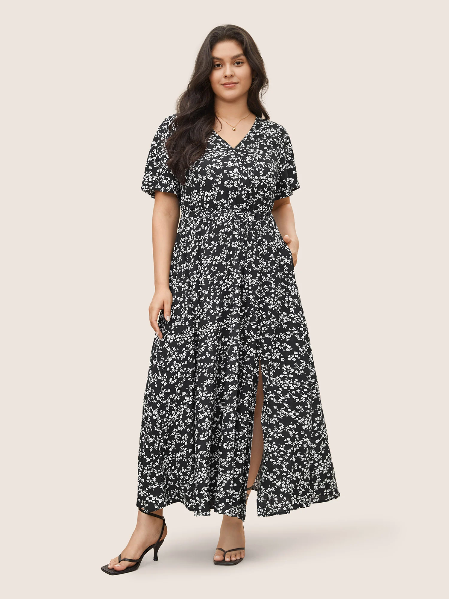 Bloom Dress - Flutter Sleeve Ditsy Floral Pocket Split Maxi Dress - Image 8