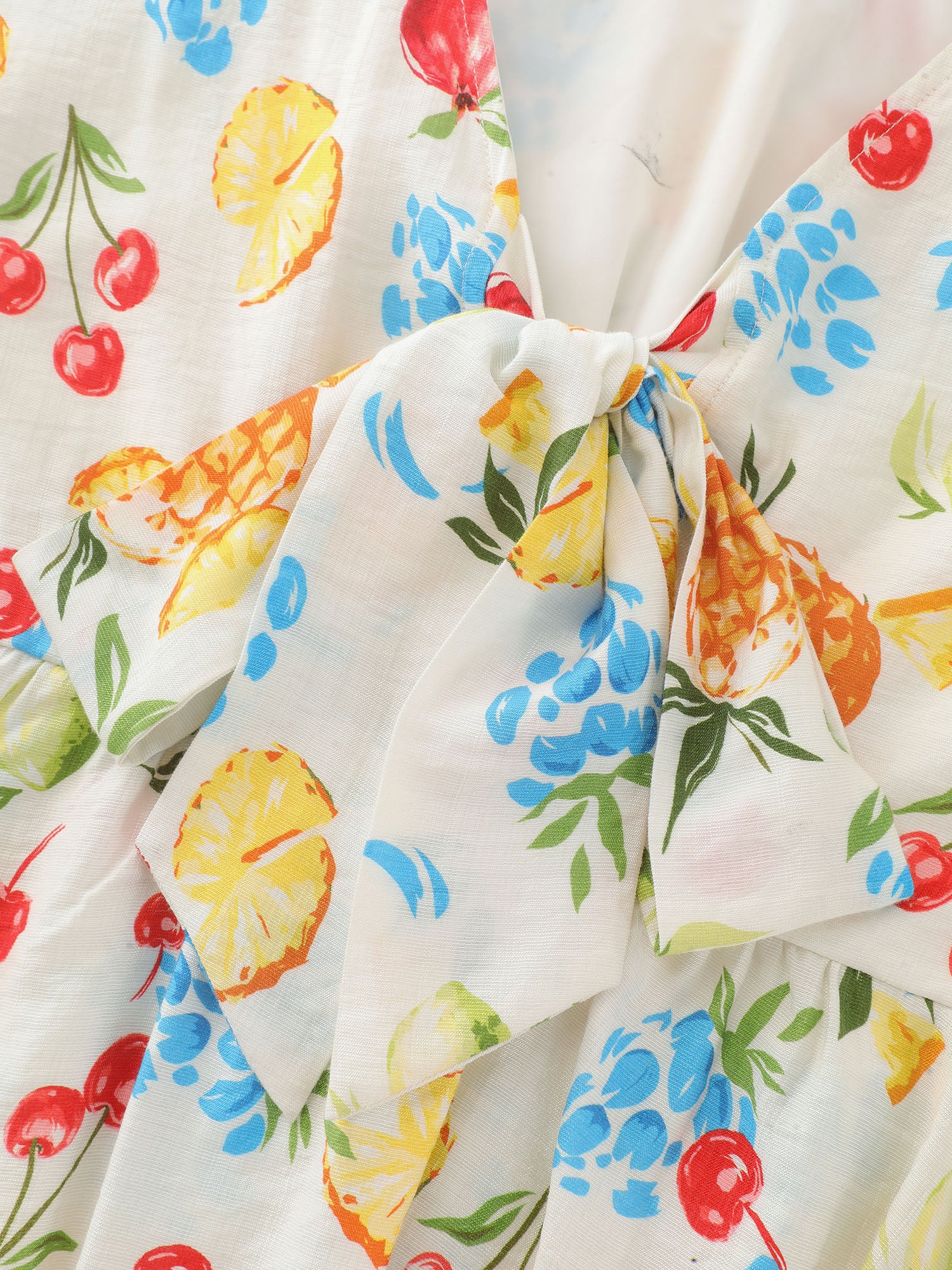Fruit Print Bowknot Pleated Neckline Blouse - Image 6