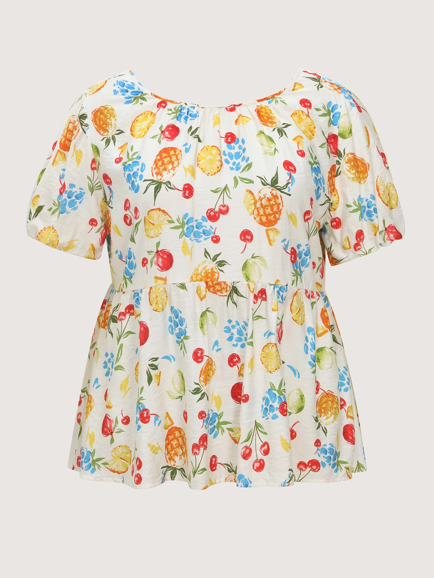 Fruit Print Bowknot Pleated Neckline Blouse - Image 8