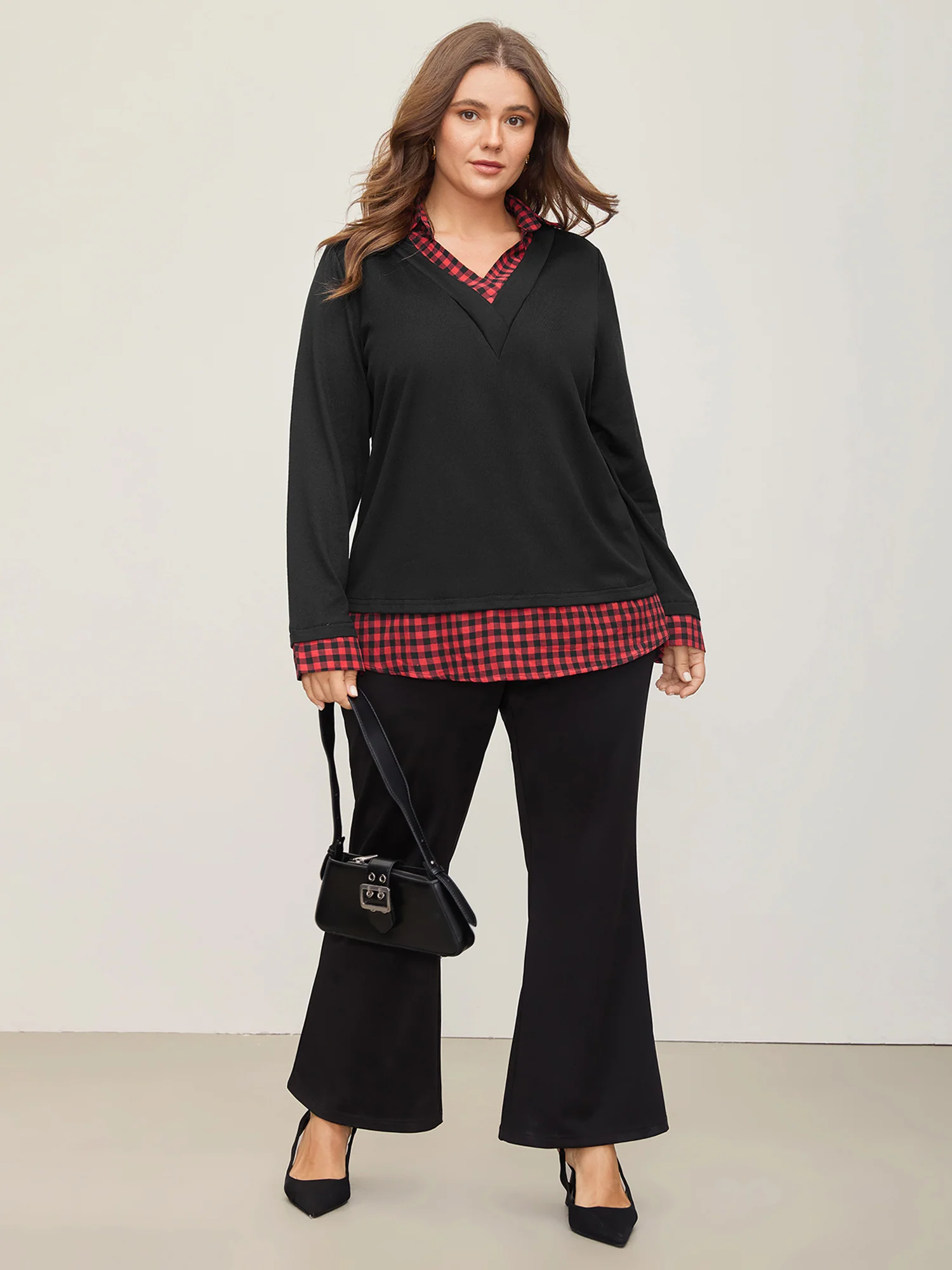 Gingham Patchwork Shirt Collar Arc Hem Sweatshirt - Image 3