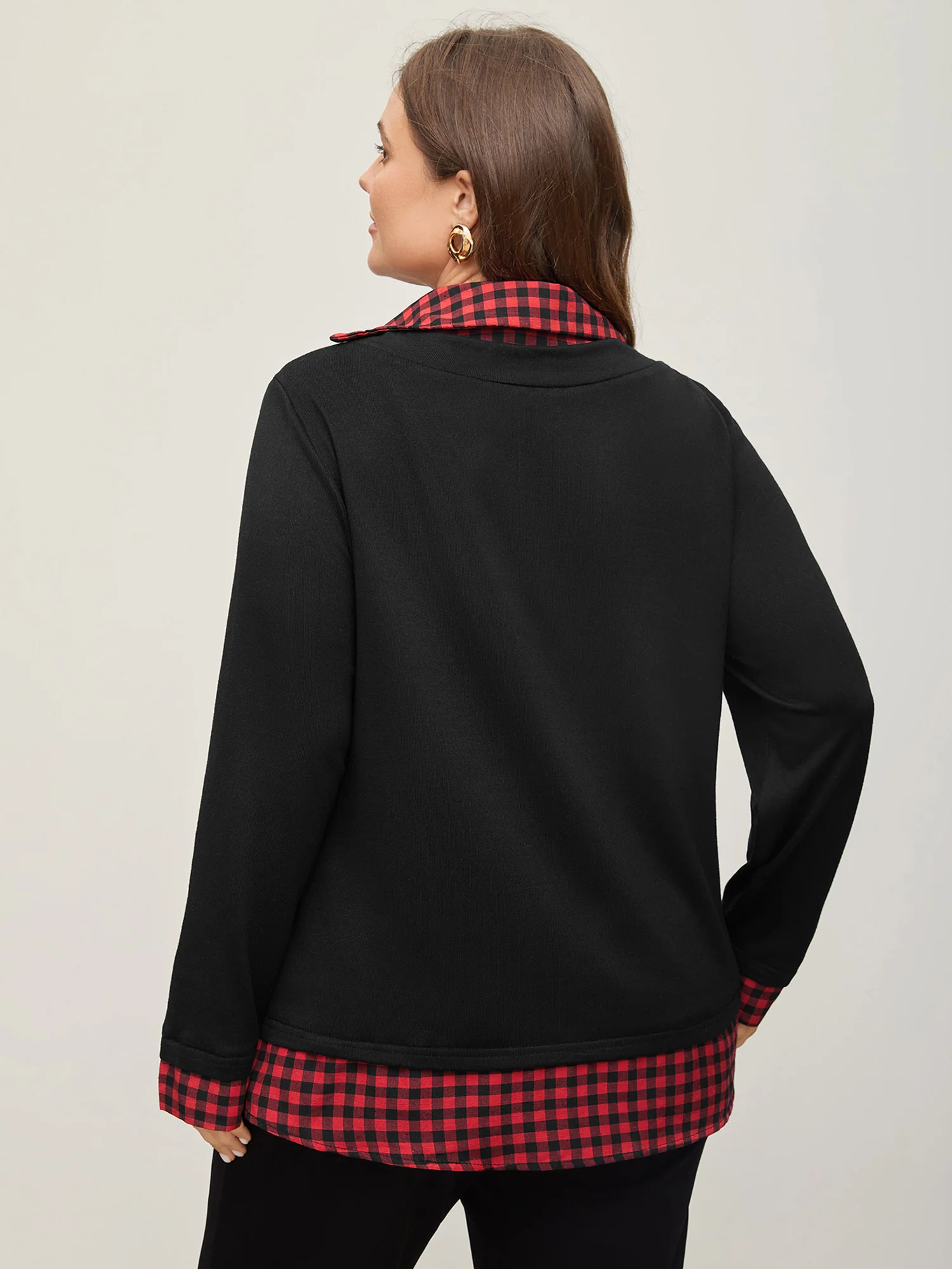 Gingham Patchwork Shirt Collar Arc Hem Sweatshirt - Image 4