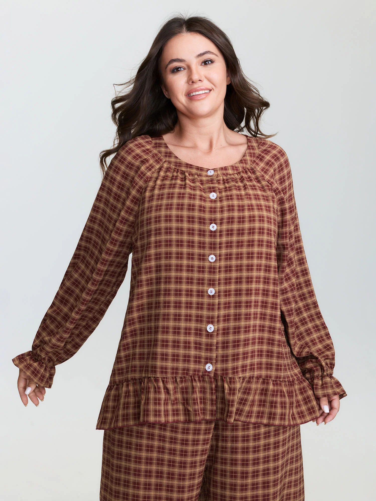 Gingham Print Ruffled Hem Co-Ord Pajama Set - Image 10
