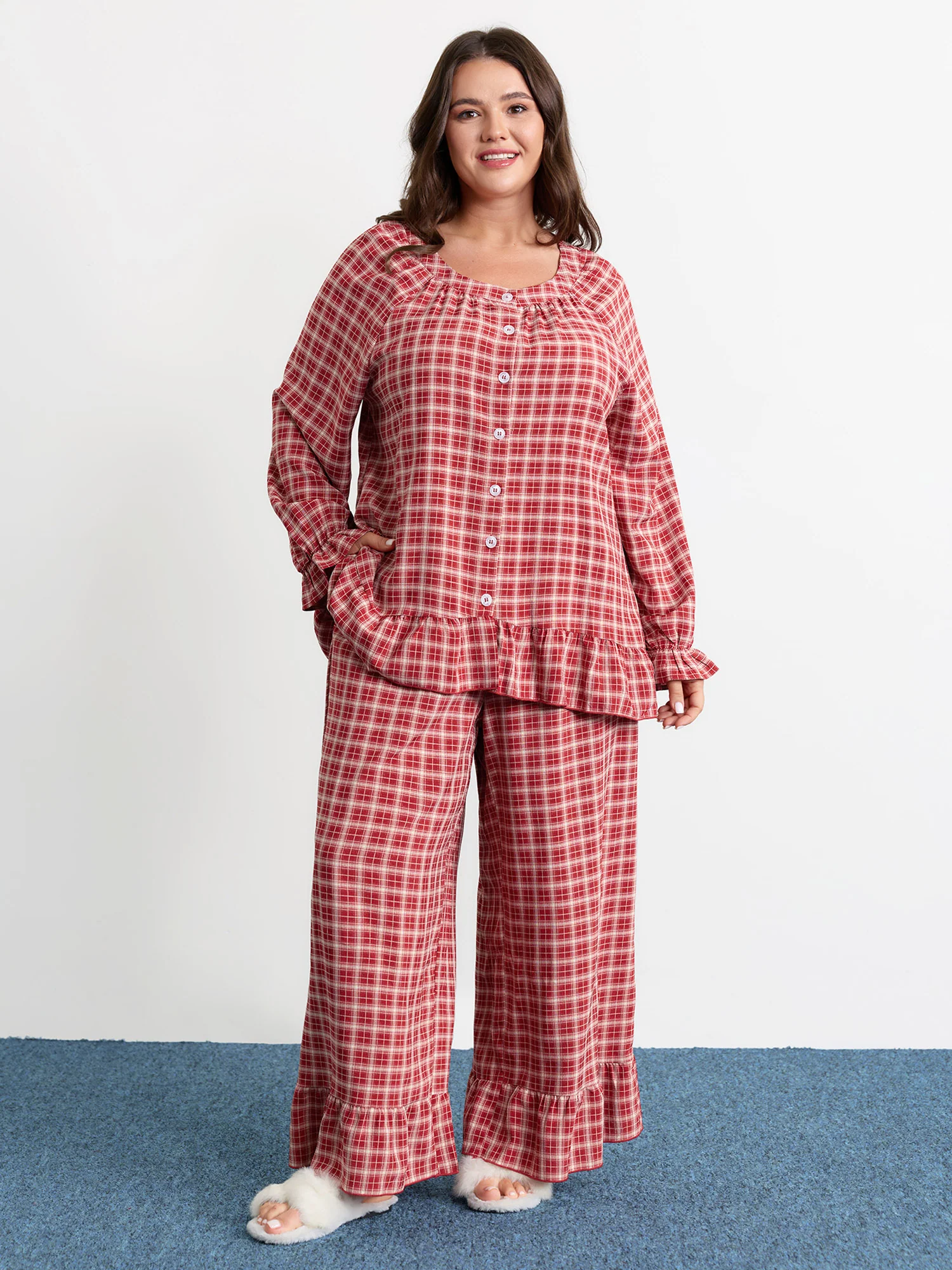 Gingham Print Ruffled Hem Co-Ord Pajama Set - Image 15