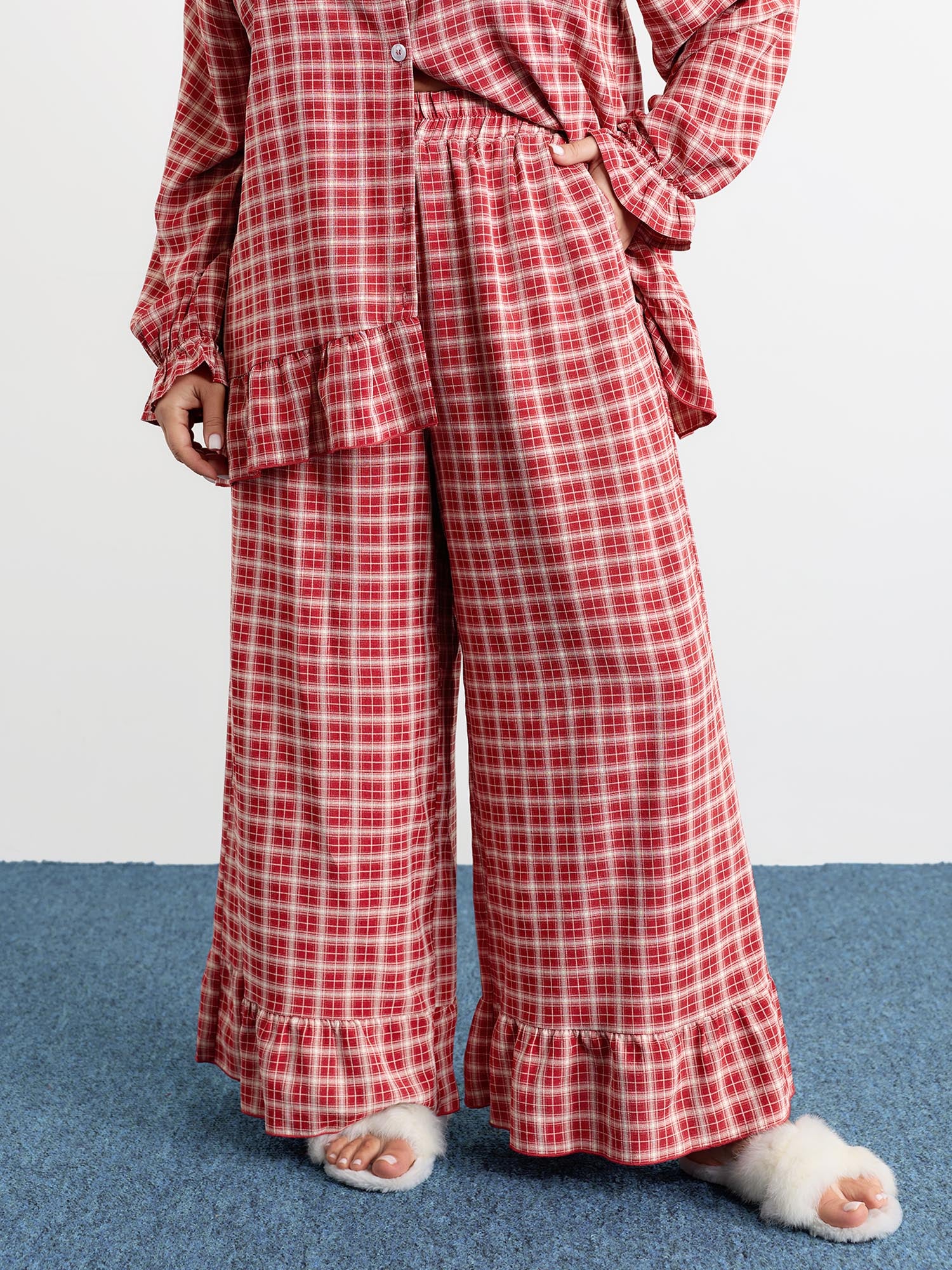 Gingham Print Ruffled Hem Co-Ord Pajama Set - Image 17
