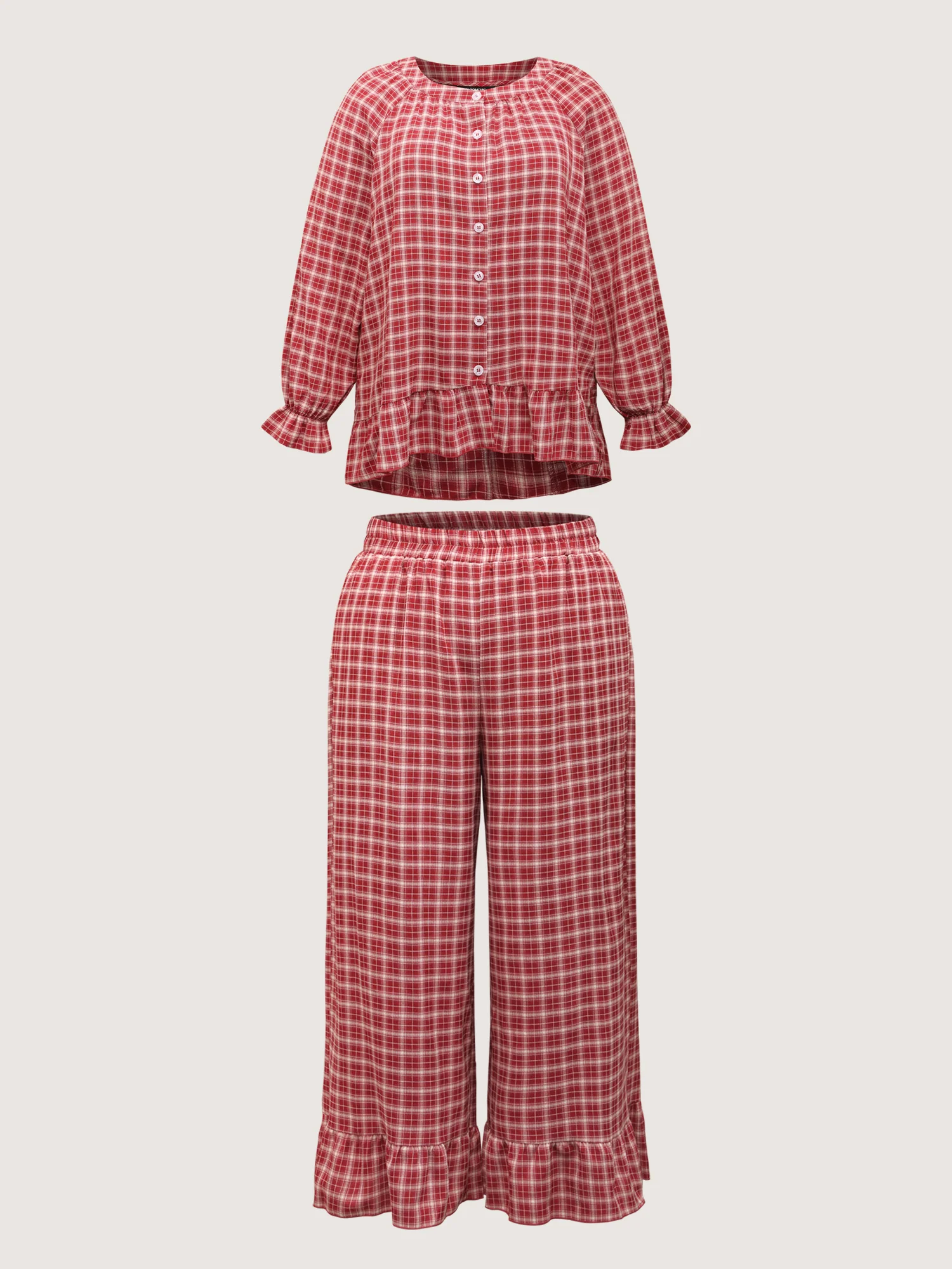 Gingham Print Ruffled Hem Co-Ord Pajama Set - Image 22