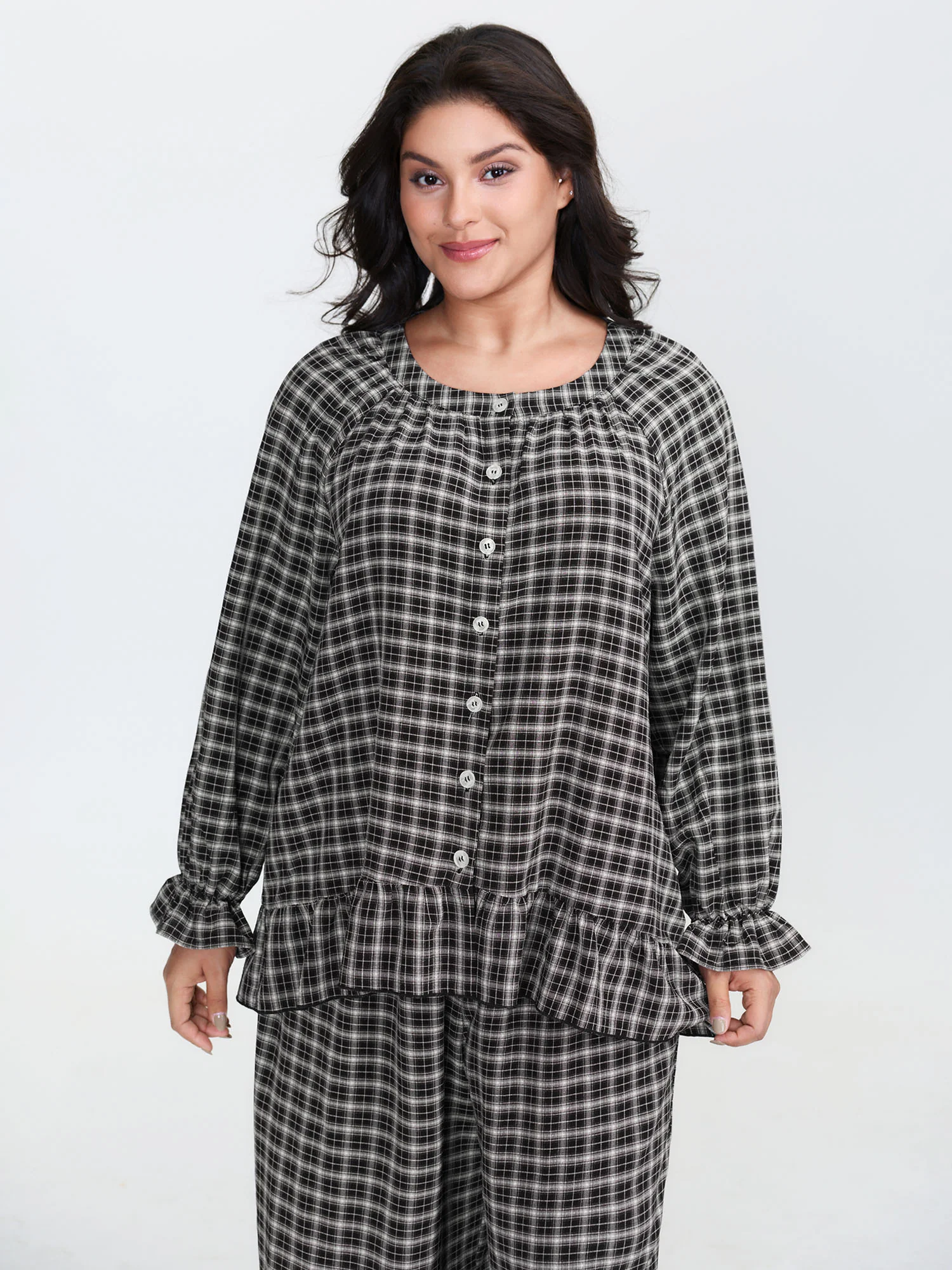 Gingham Print Ruffled Hem Co-Ord Pajama Set - Image 3