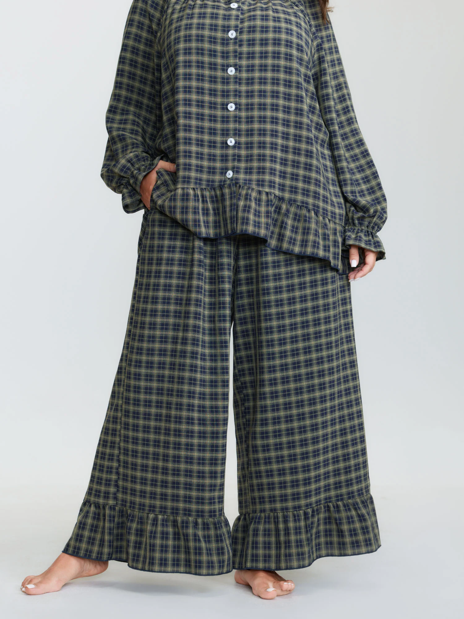 Gingham Print Ruffled Hem Co-Ord Pajama Set - Image 31