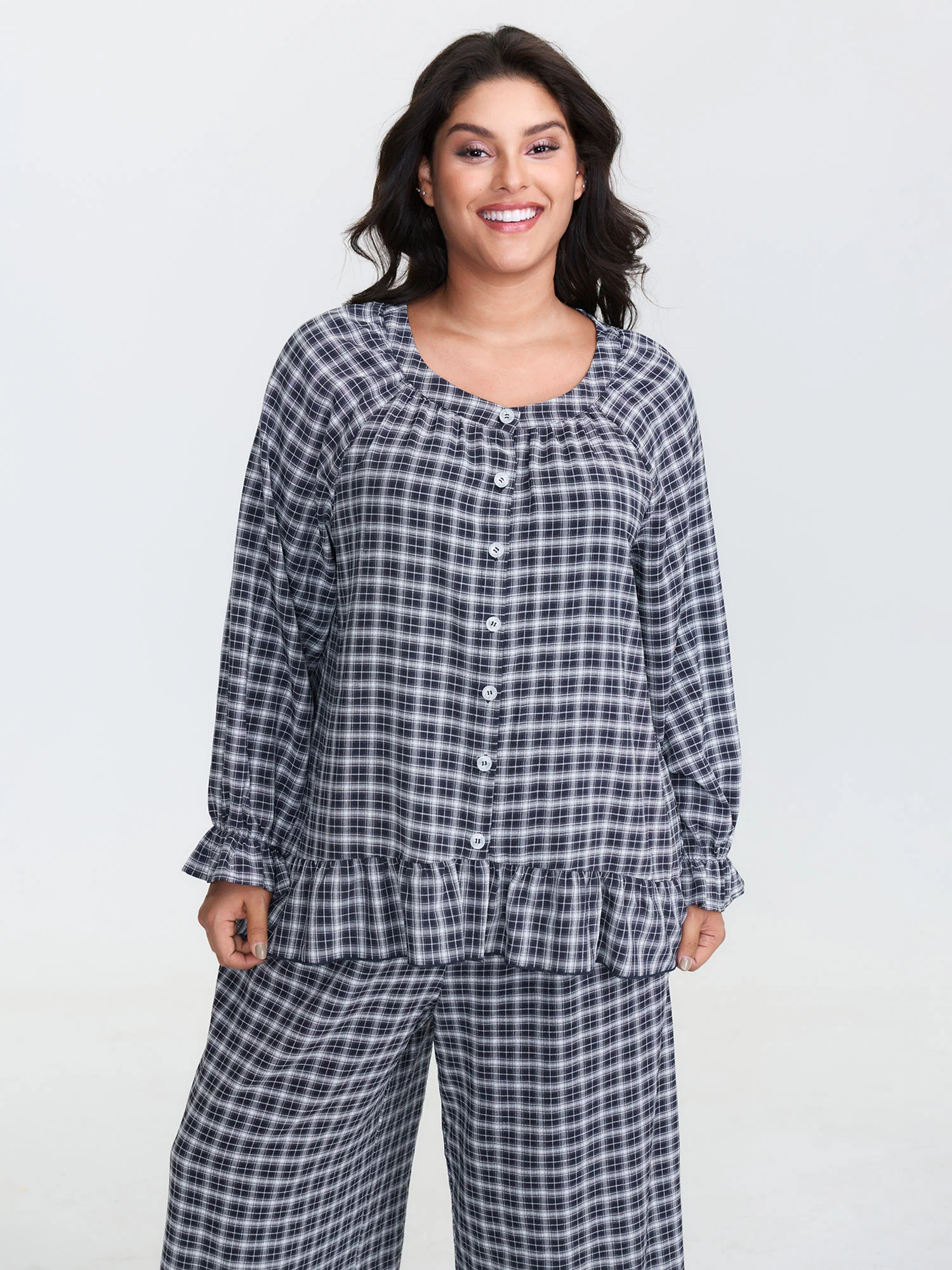 Gingham Print Ruffled Hem Co-Ord Pajama Set - Image 36