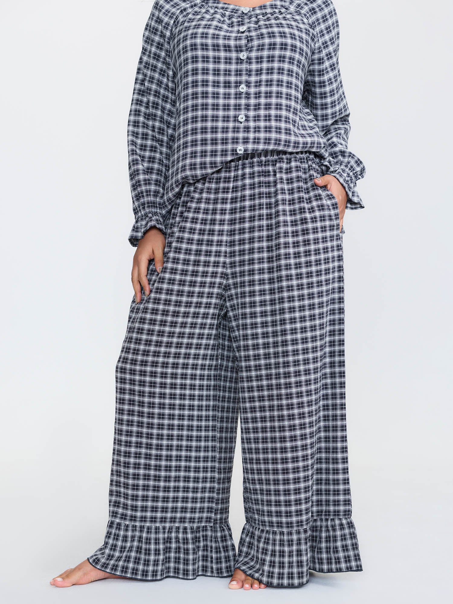 Gingham Print Ruffled Hem Co-Ord Pajama Set - Image 38