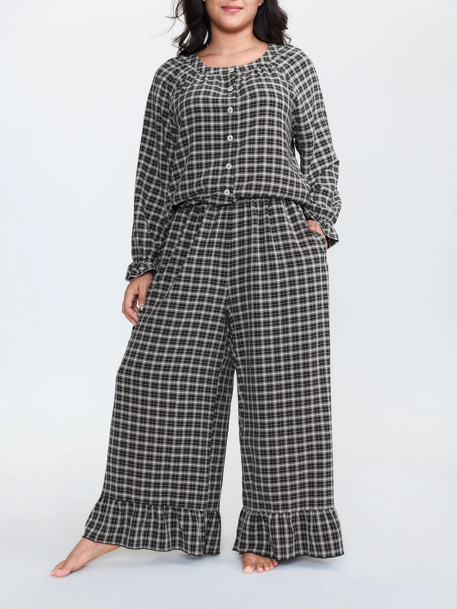 Gingham Print Ruffled Hem Co-Ord Pajama Set - Image 4