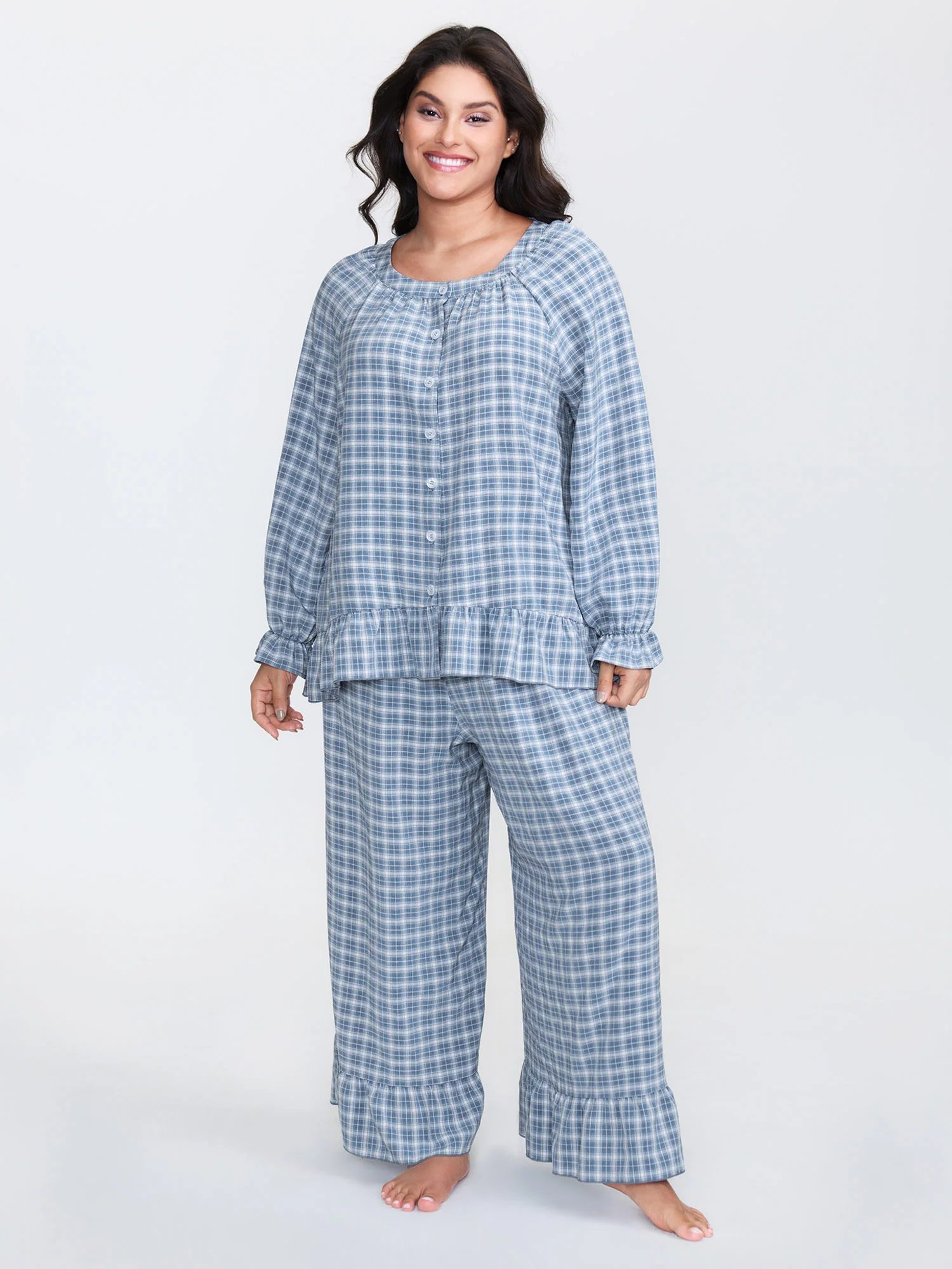 Gingham Print Ruffled Hem Co-Ord Pajama Set - Image 42