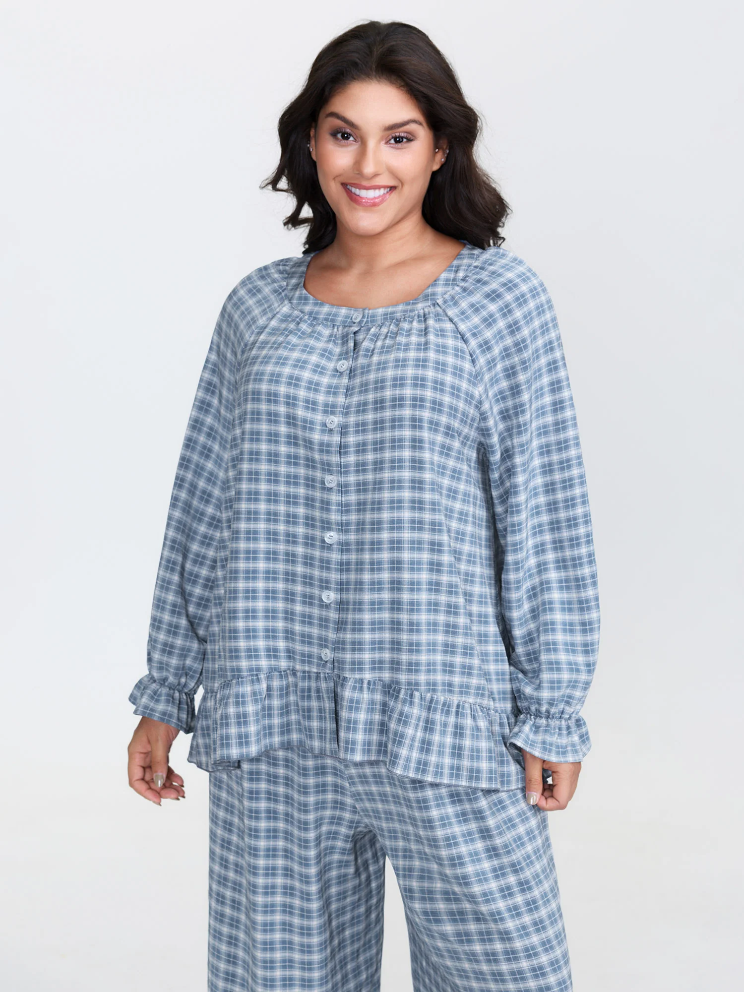 Gingham Print Ruffled Hem Co-Ord Pajama Set - Image 44