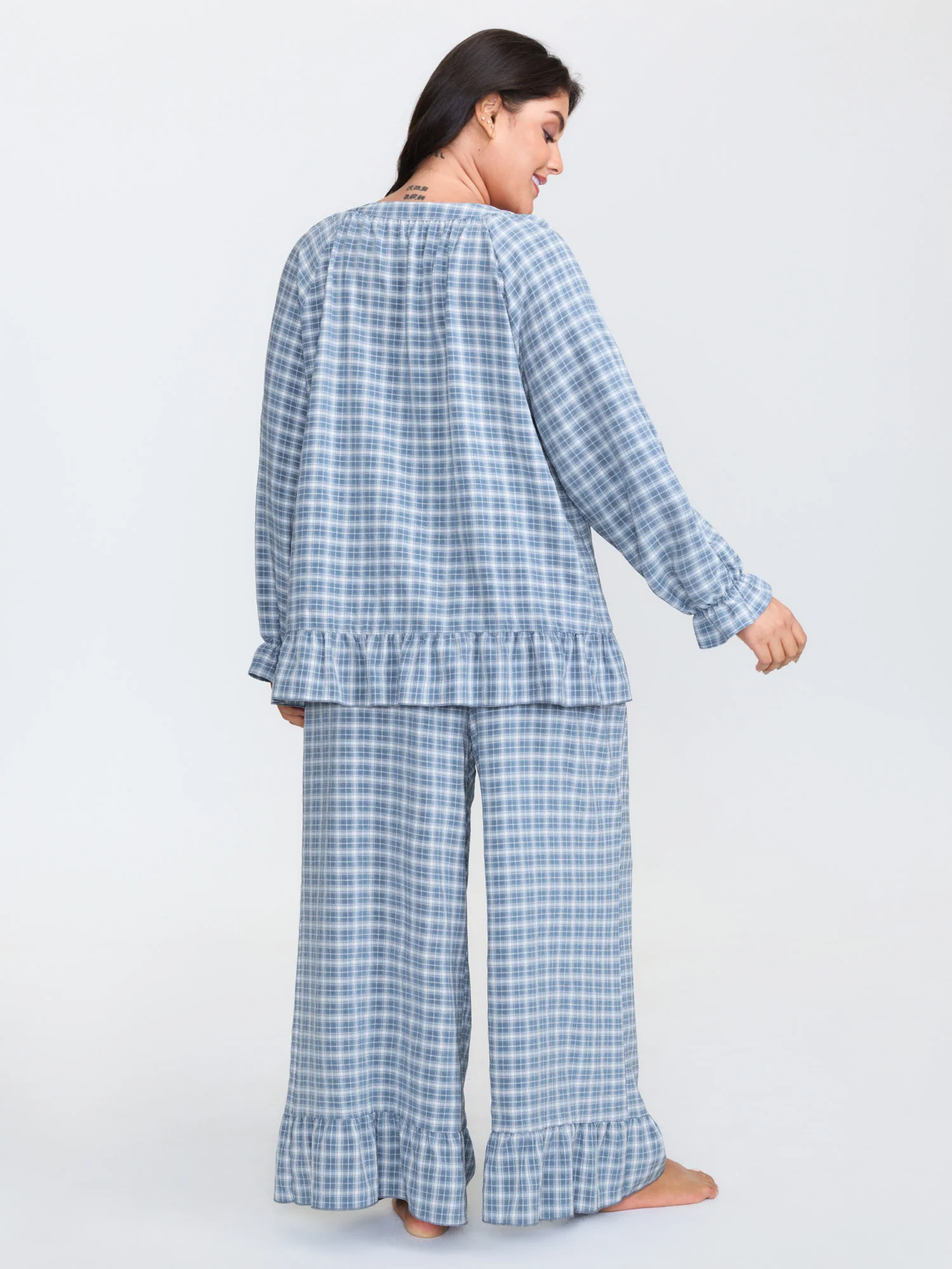 Gingham Print Ruffled Hem Co-Ord Pajama Set - Image 48