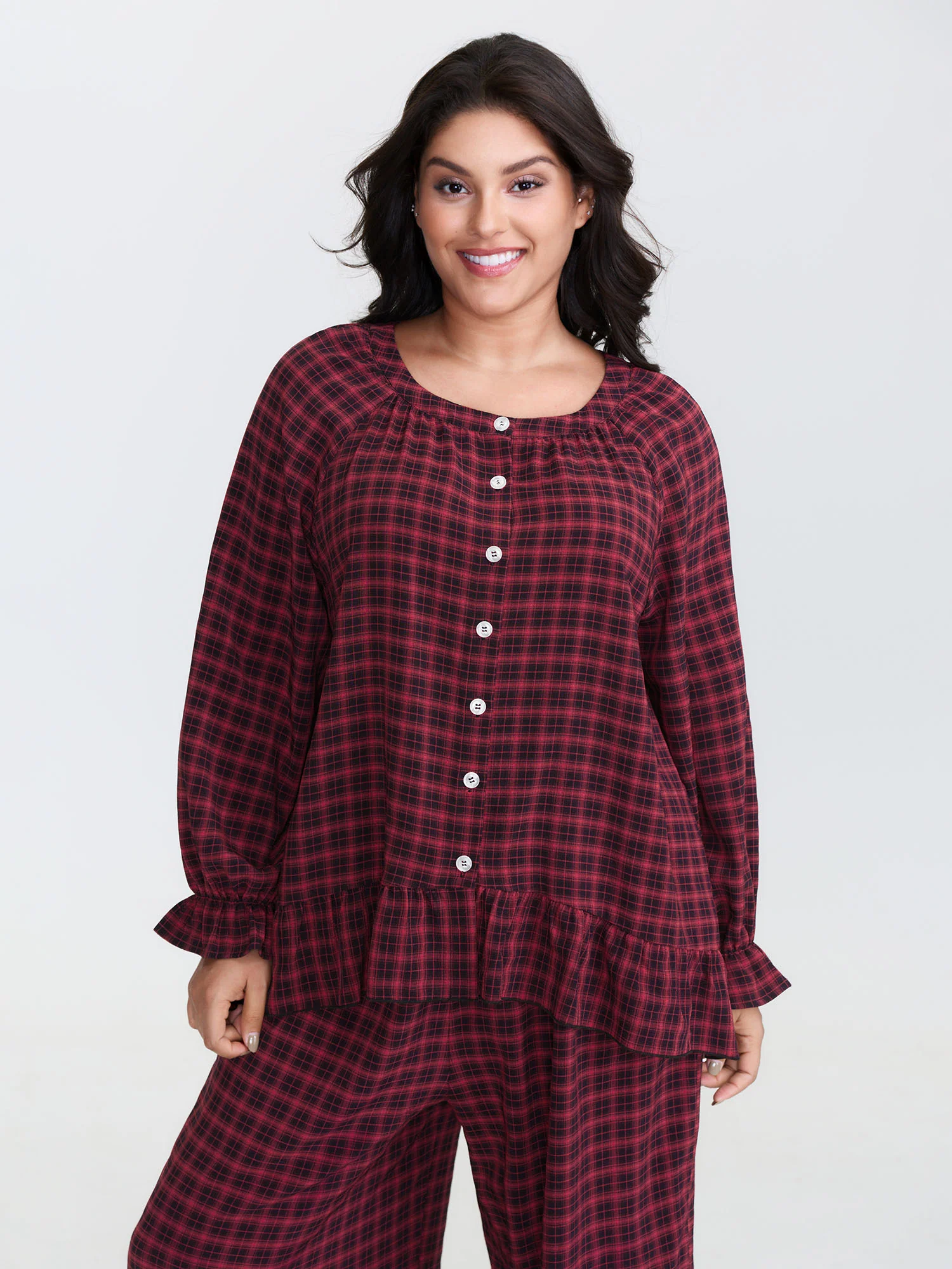 Gingham Print Ruffled Hem Co-Ord Pajama Set - Image 50