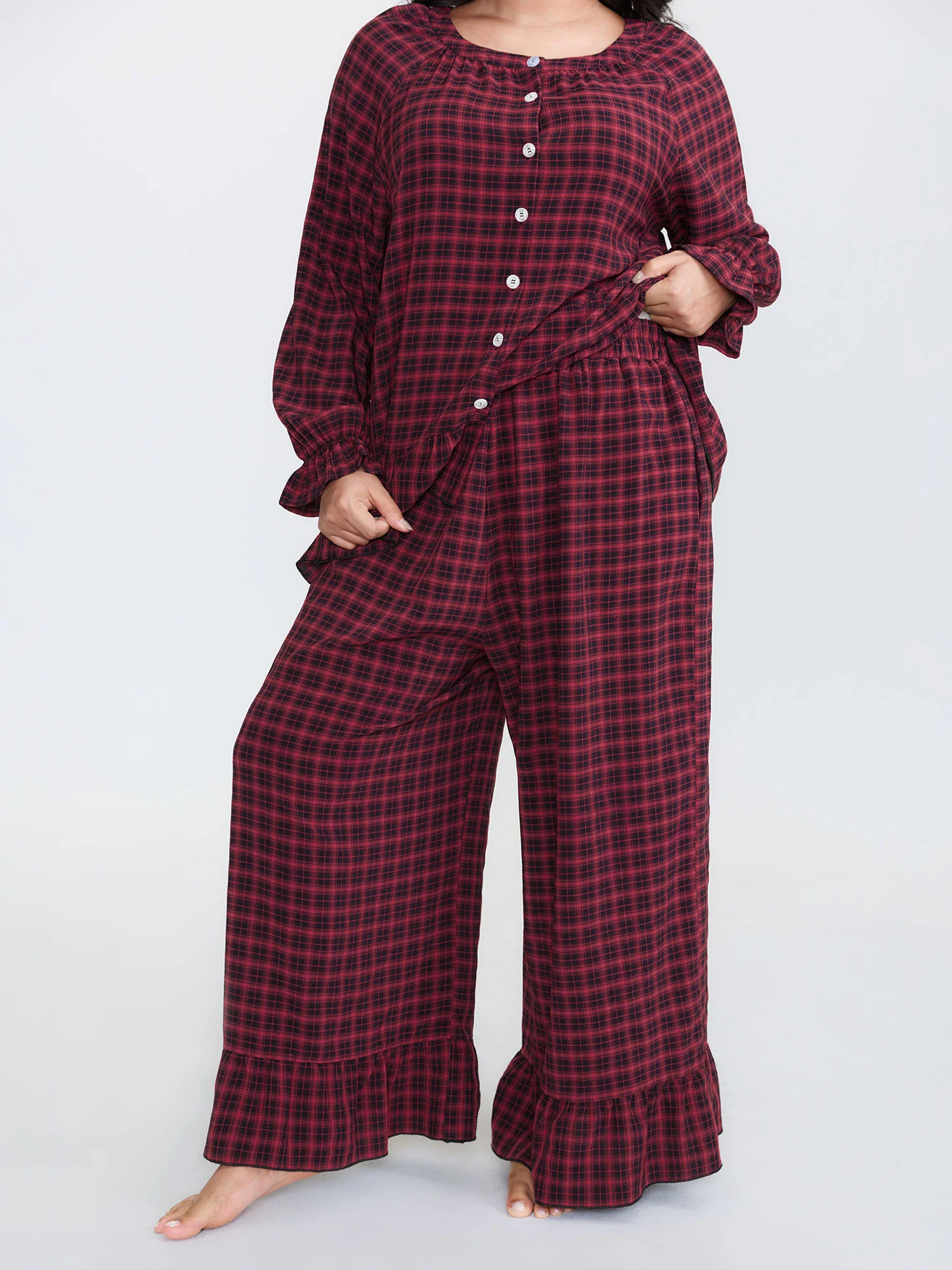 Gingham Print Ruffled Hem Co-Ord Pajama Set - Image 52