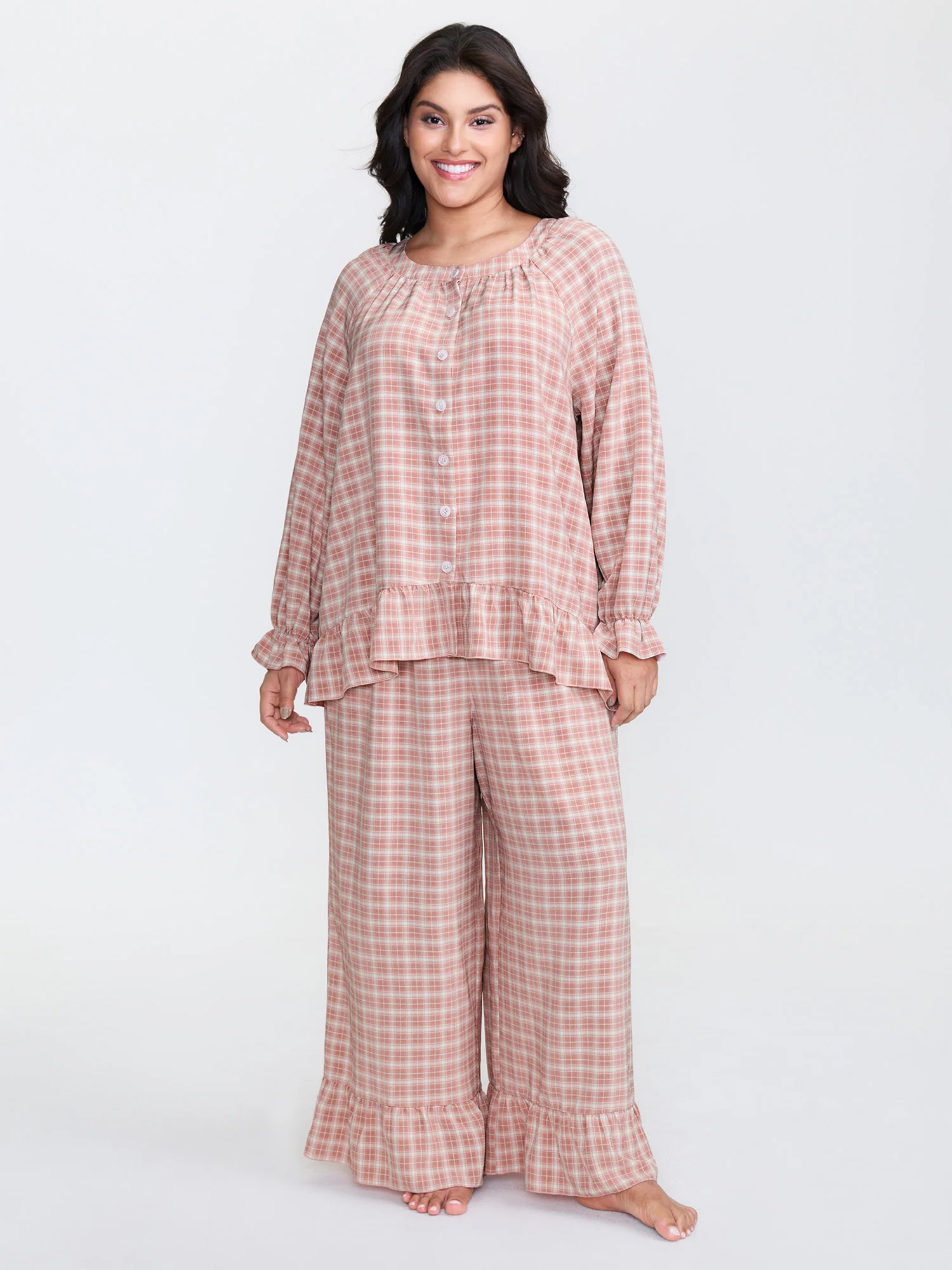 Gingham Print Ruffled Hem Co-Ord Pajama Set - Image 56