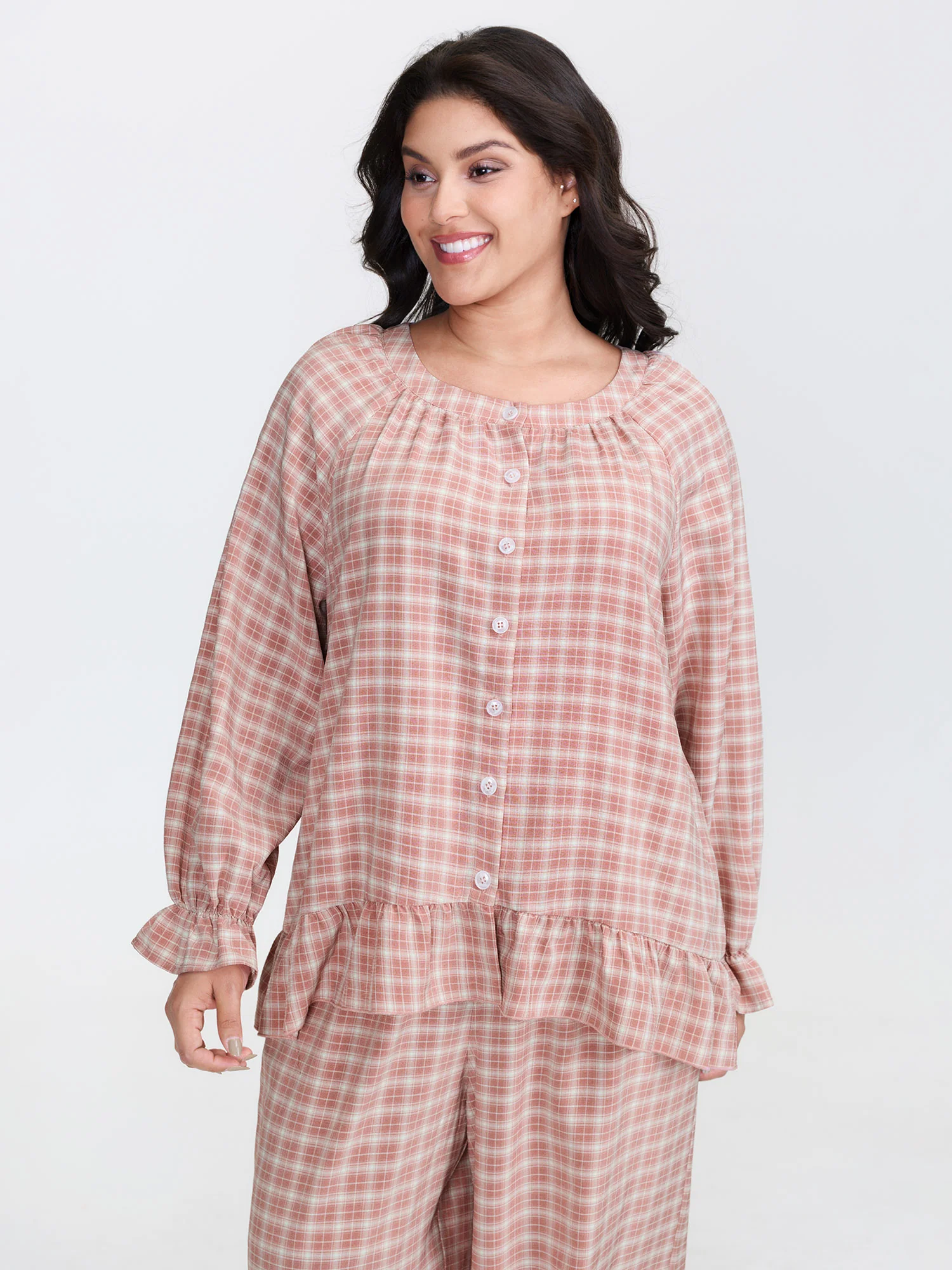 Gingham Print Ruffled Hem Co-Ord Pajama Set - Image 58