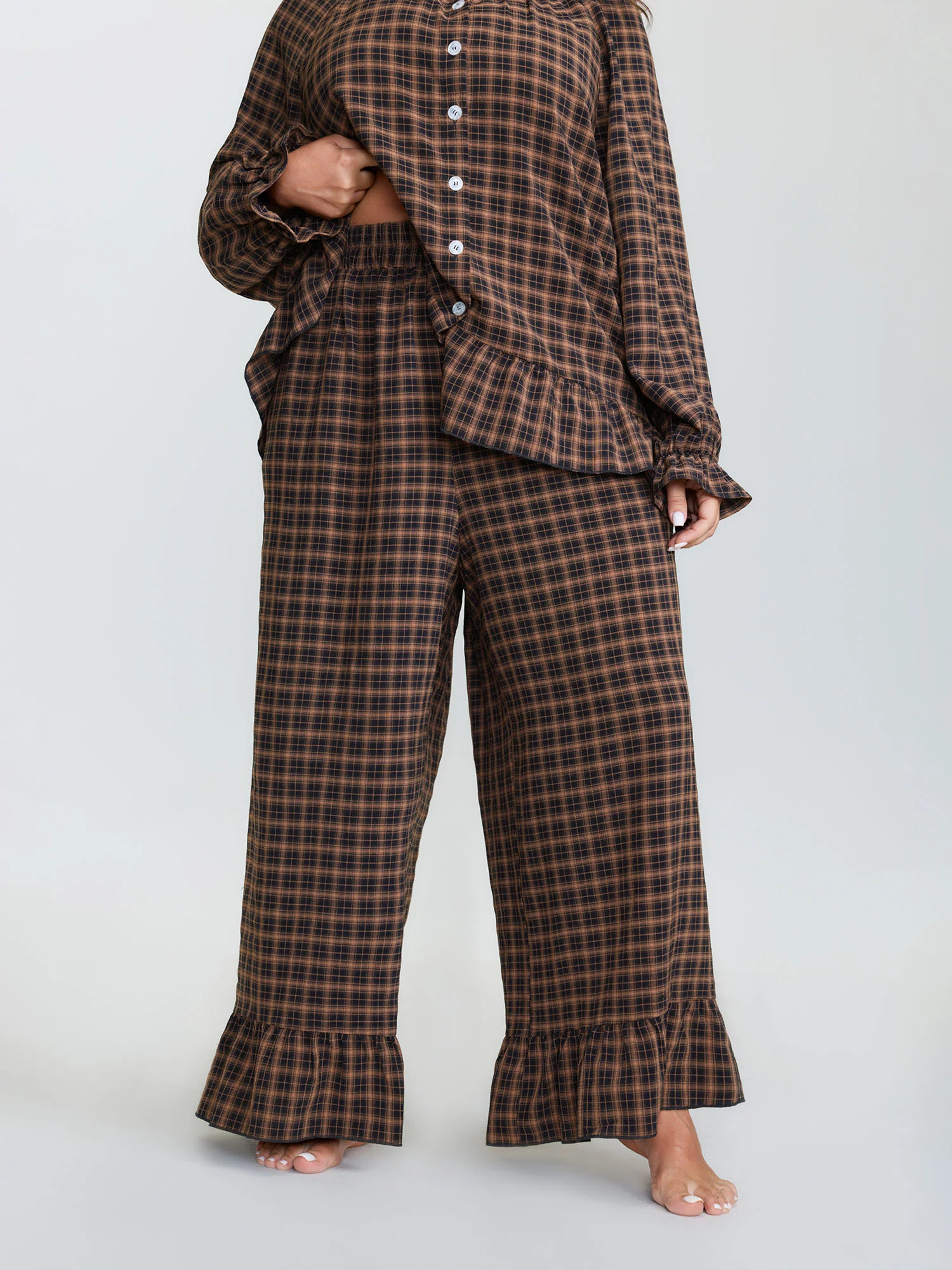 Gingham Print Ruffled Hem Co-Ord Pajama Set - Image 66