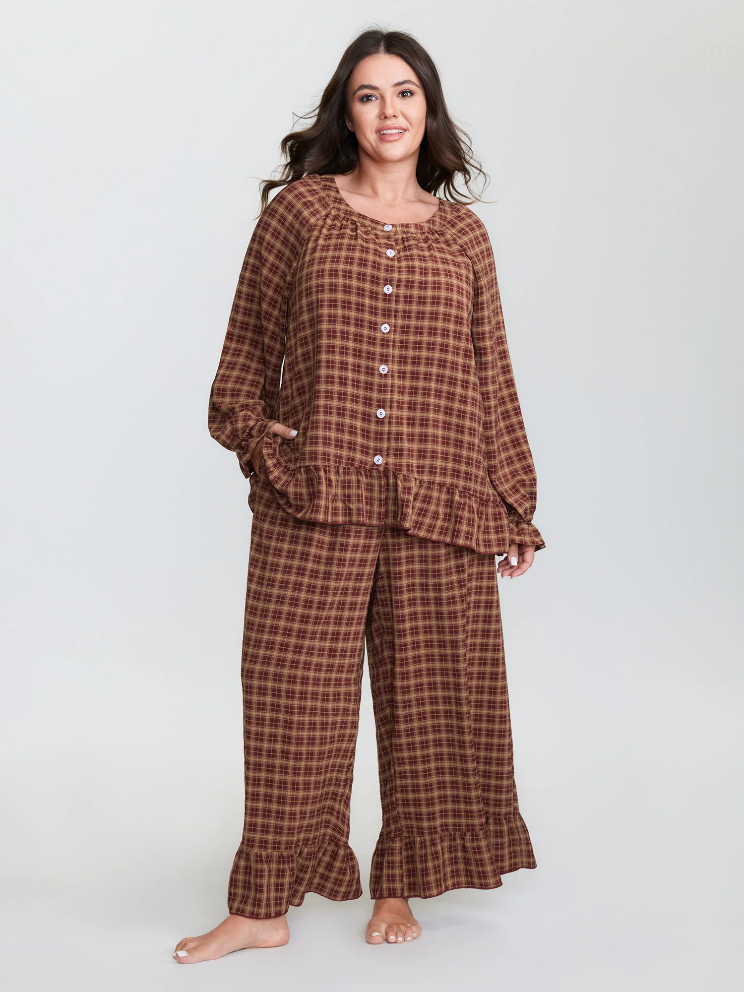 Gingham Print Ruffled Hem Co-Ord Pajama Set - Image 8