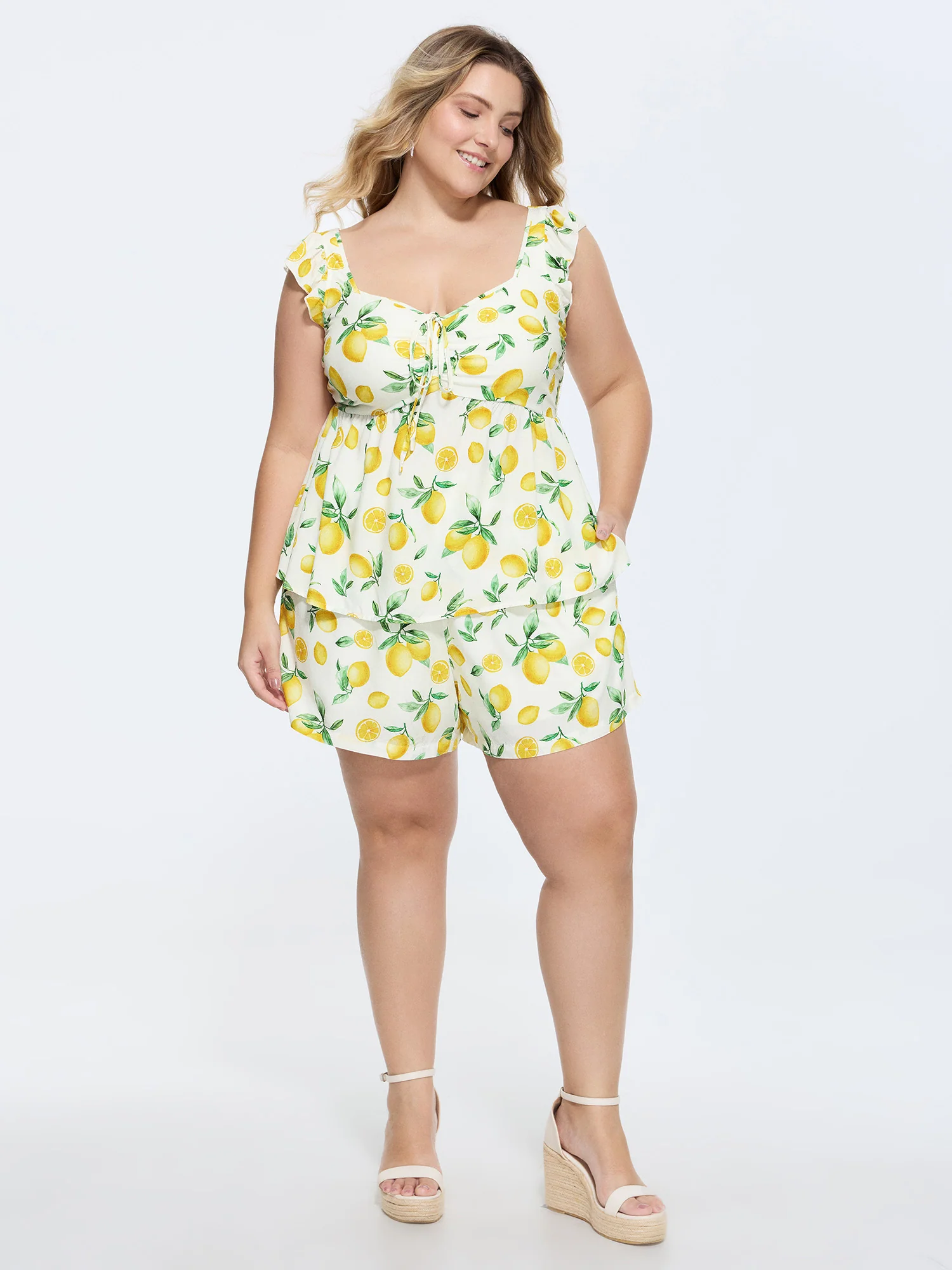 Hand-Painted Lemon Print Pockets Shorts - Image 2