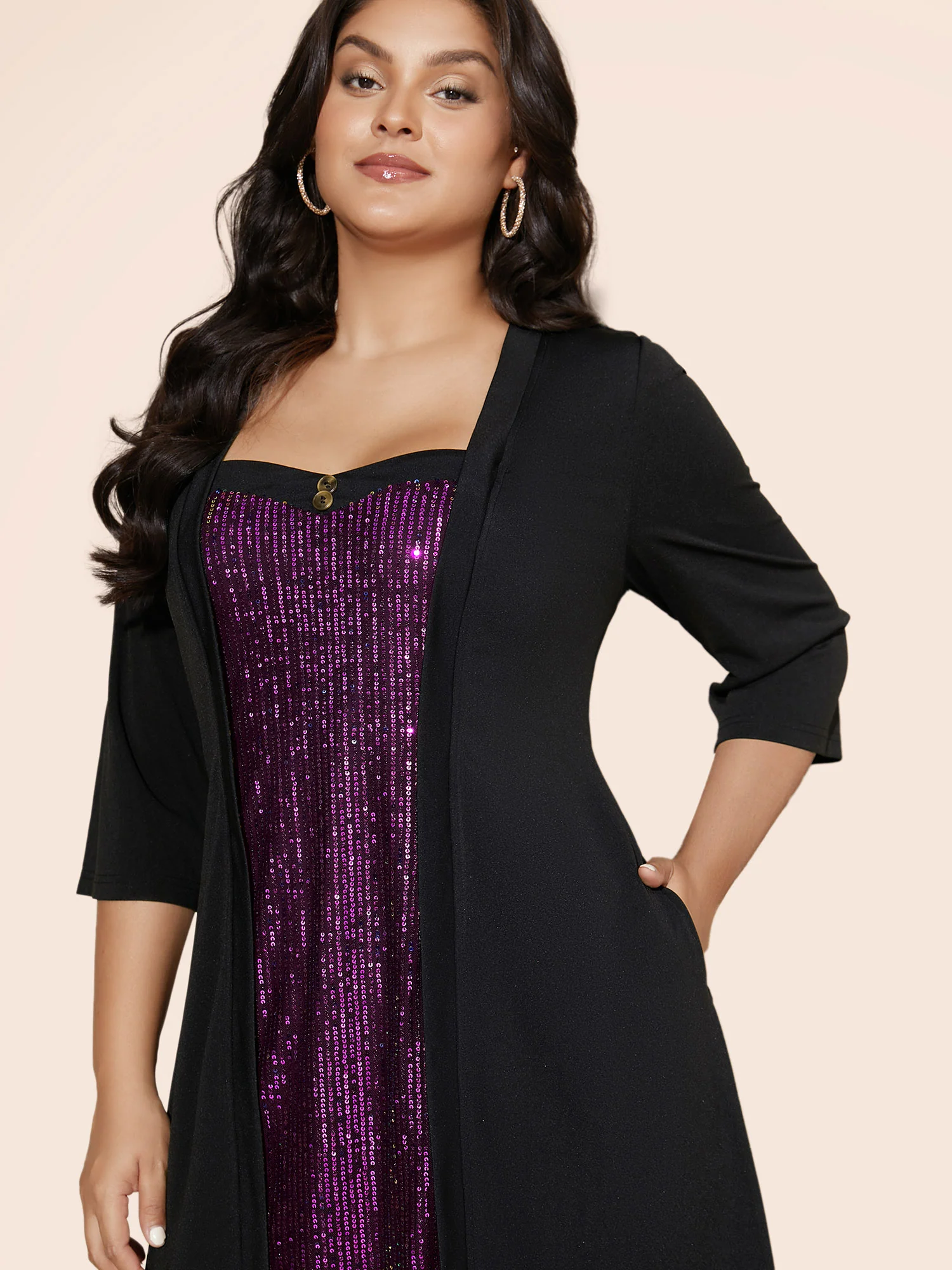 Heart Neckline Patchwork Sequin Button Detail Dress - Image 15