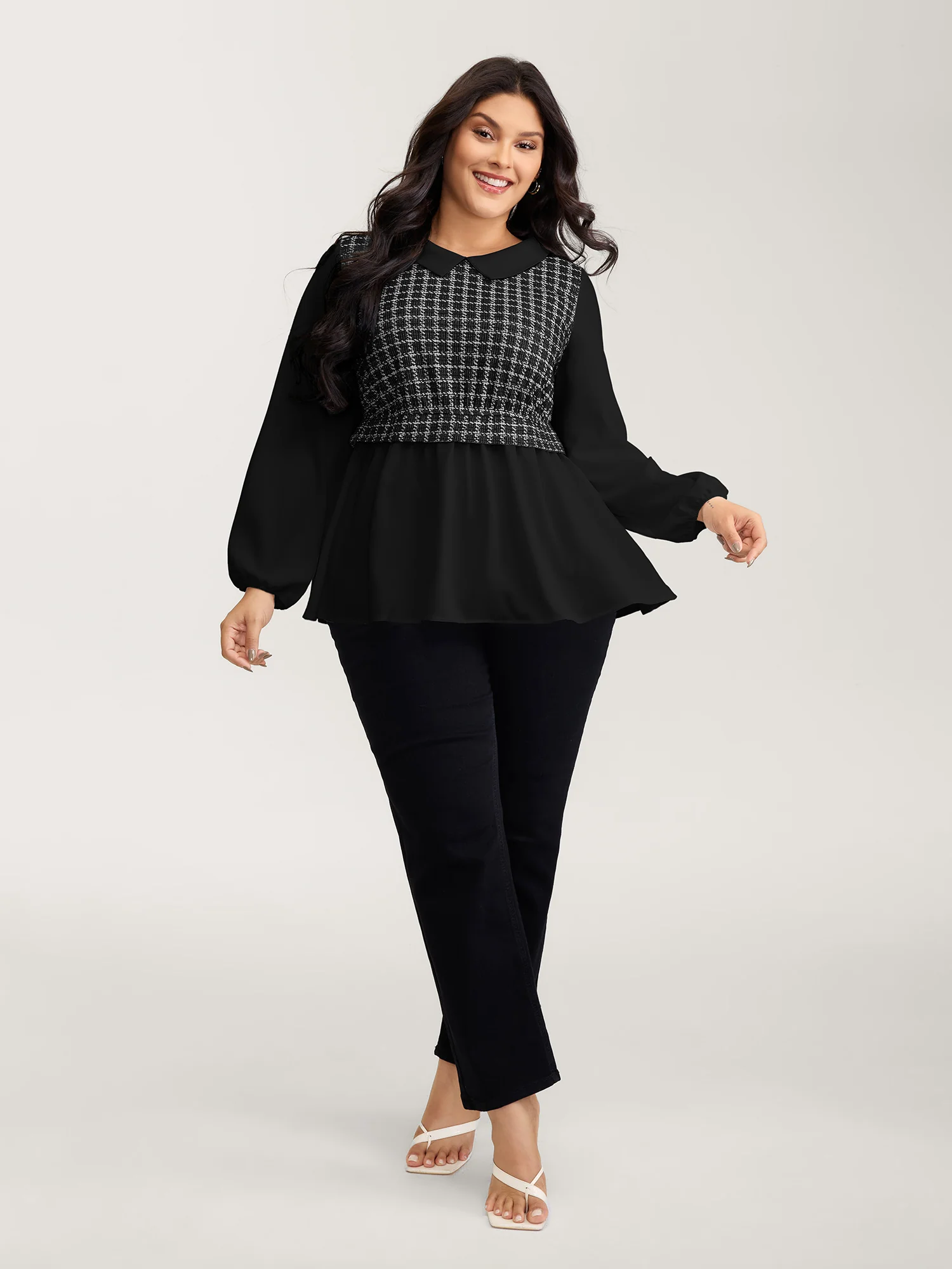 Houndstooth Pattern Color Contrast Blouse - Image 3