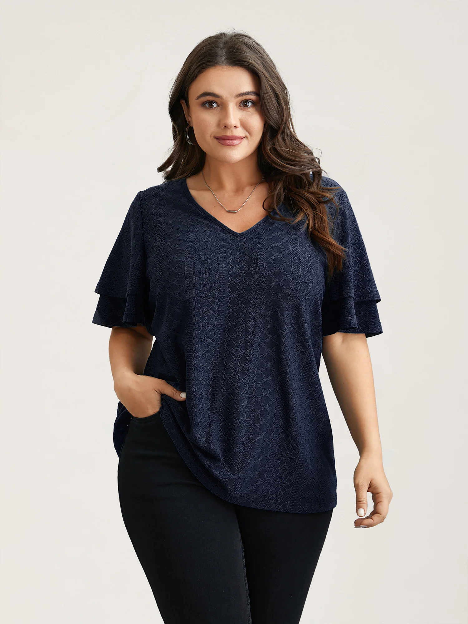 Jacquard Textured Lotus Leaf Sleeve Top - Image 5