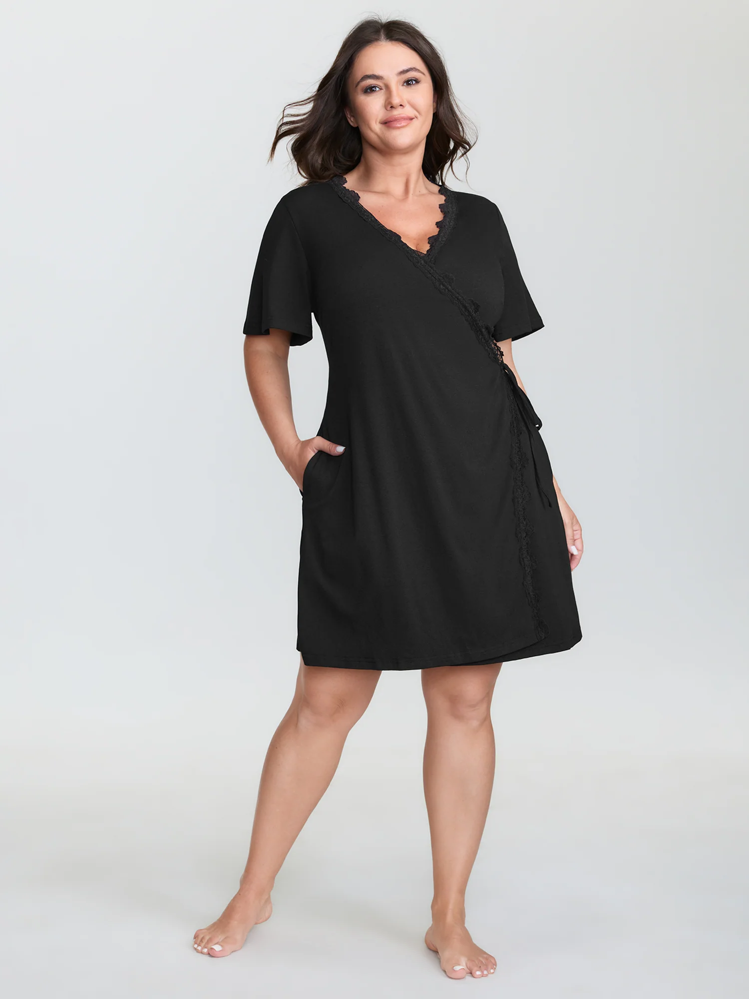 Lace Trim Side-Tie Pockets Nightgown - Image 3